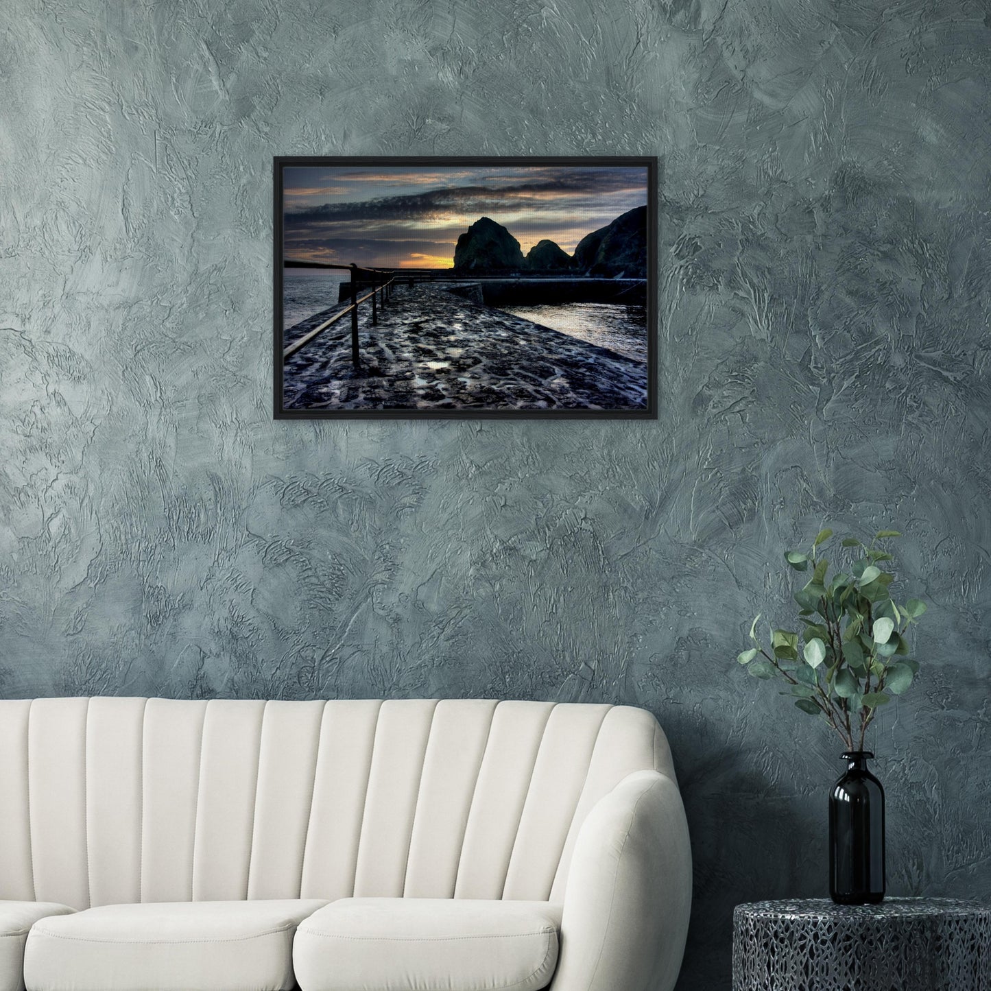 Sunset framed canvas of Cornwall’s Mullion Cove and harbour