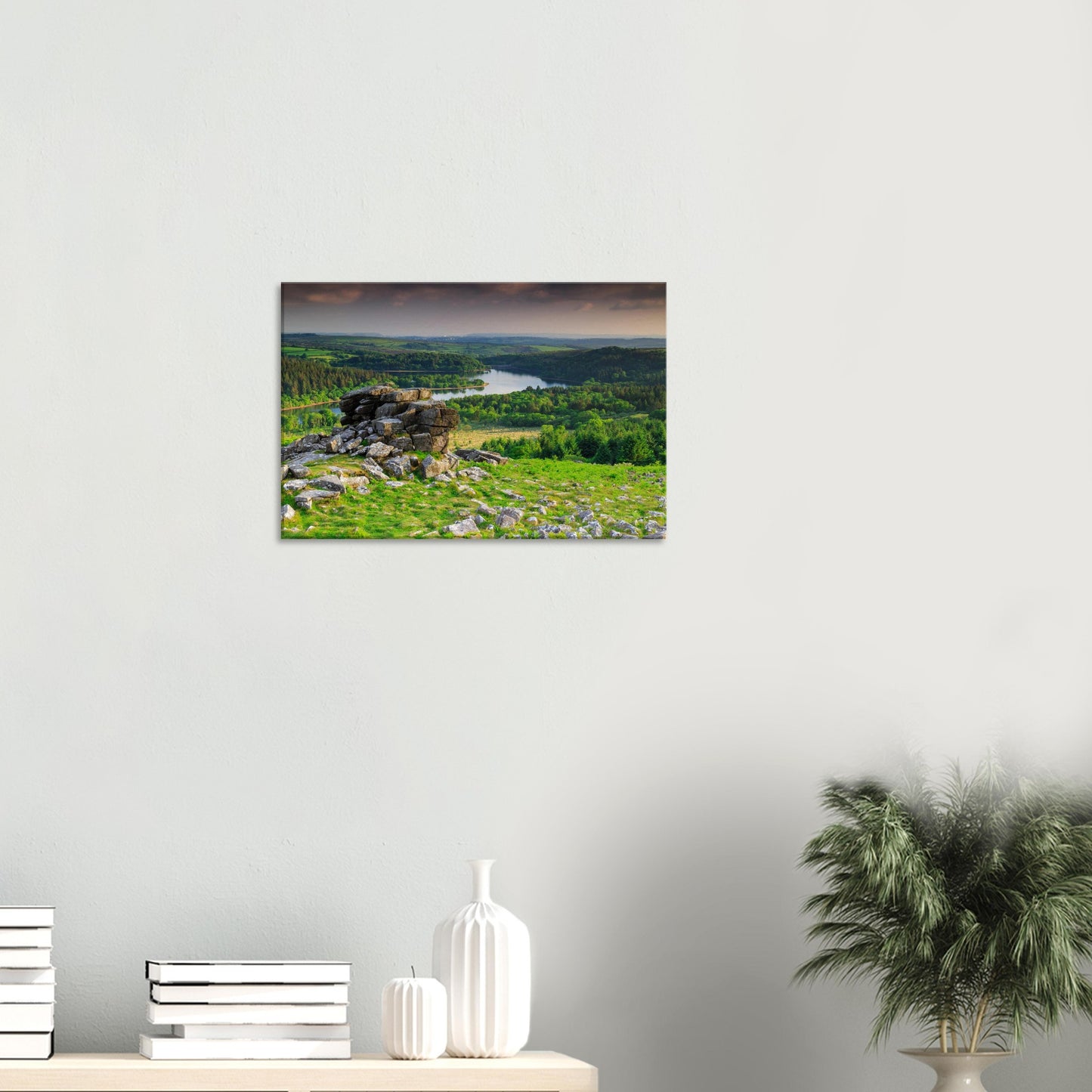 Leather Tor in Dartmoor National Park, towering over Burrator lake, canvas decor.