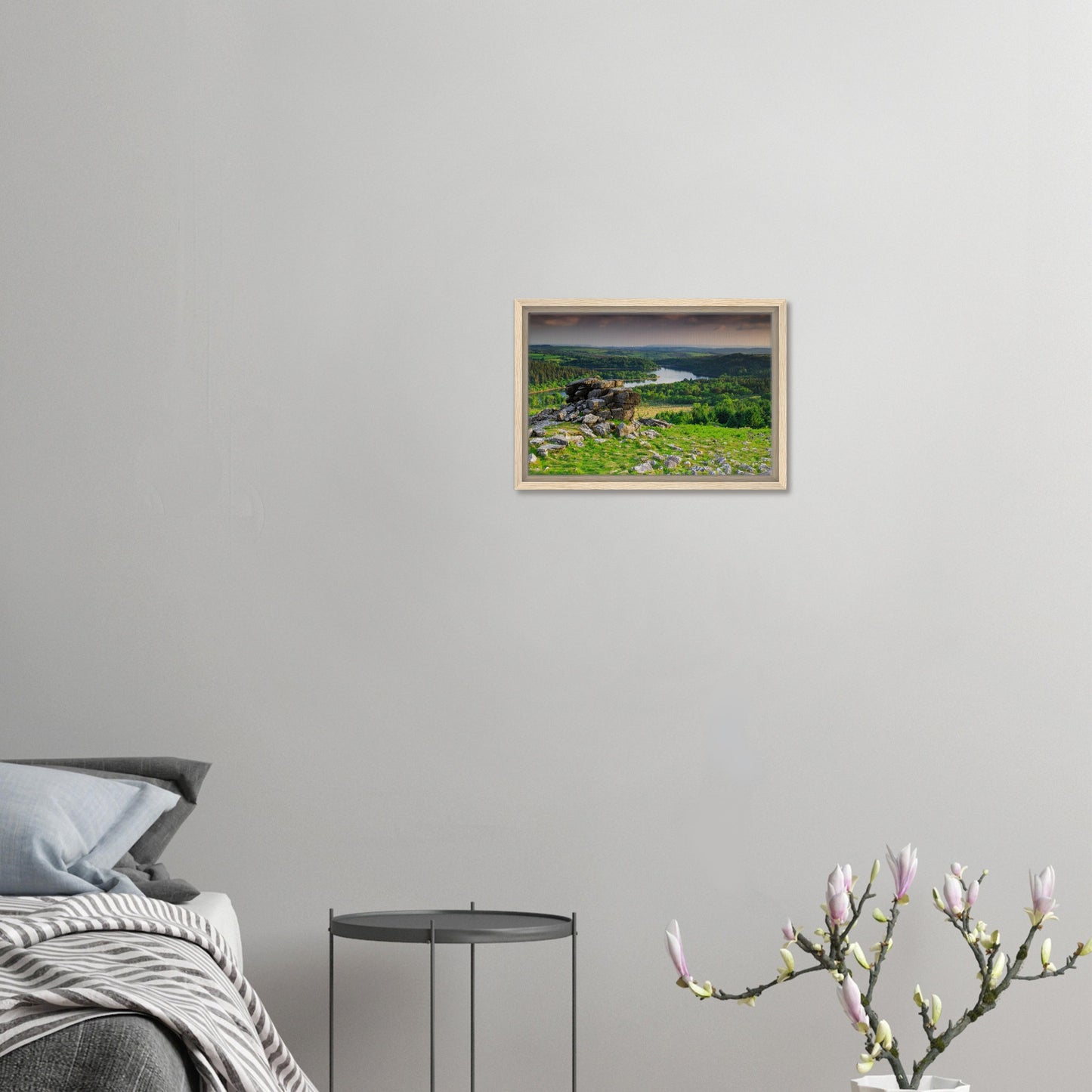 Dartmoor countryside with tor, trees and water in framed artwork