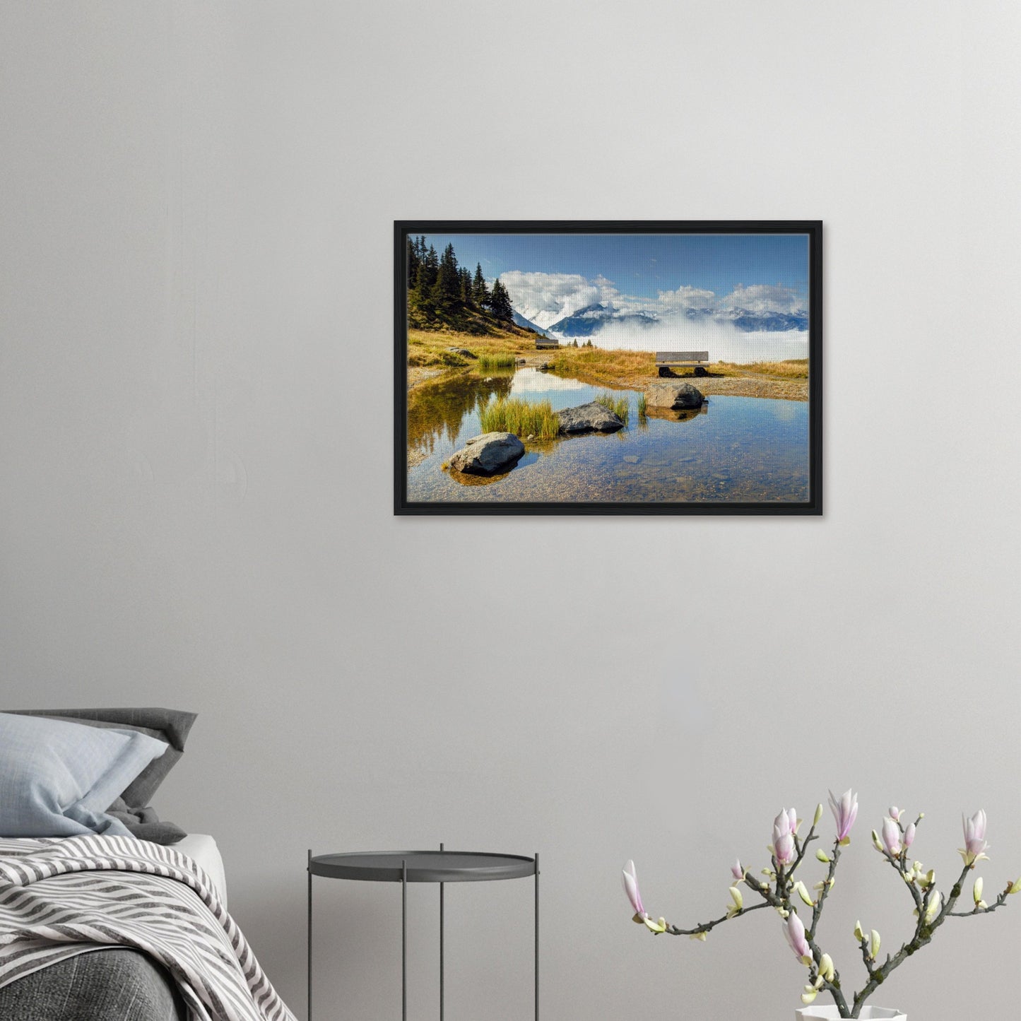 Austrian Alps framed canvas with serene pond and bench