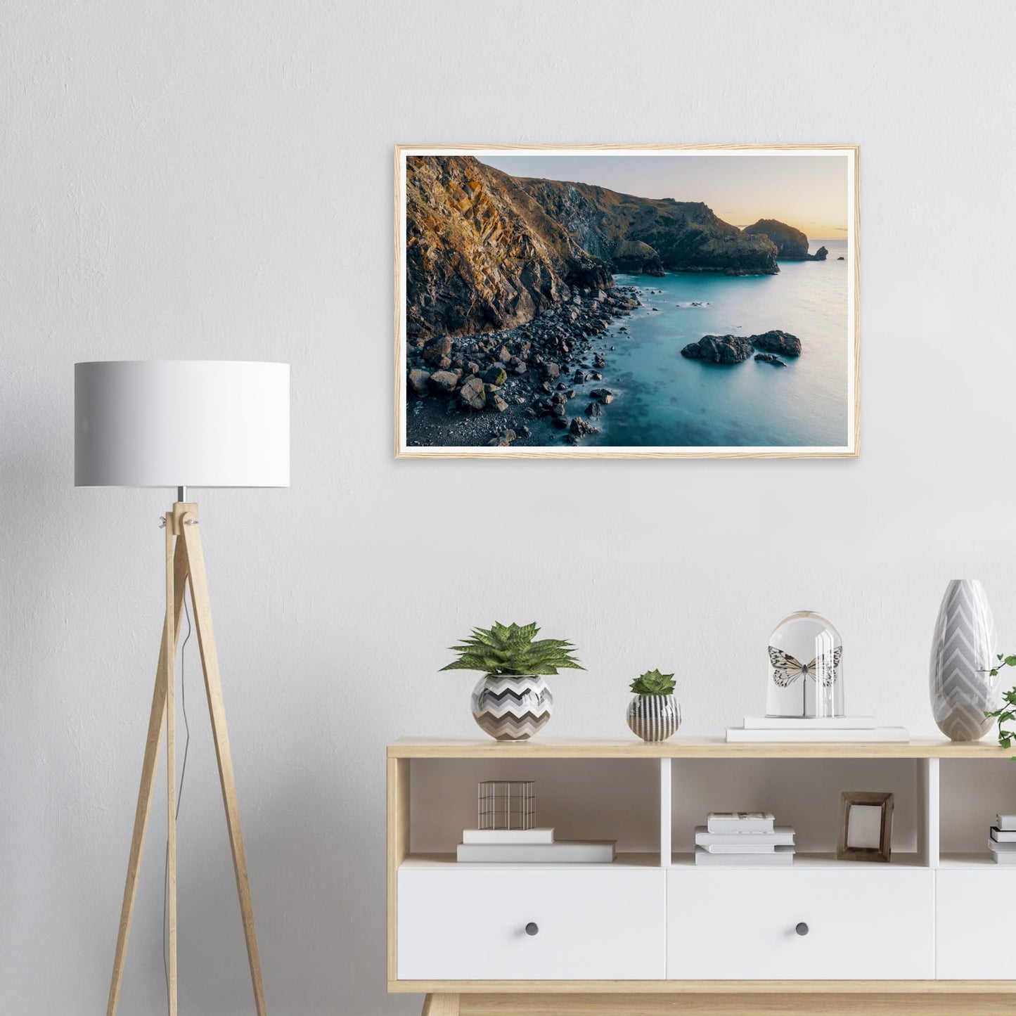 Framed landscape print of Mullion Cove beach at dusk