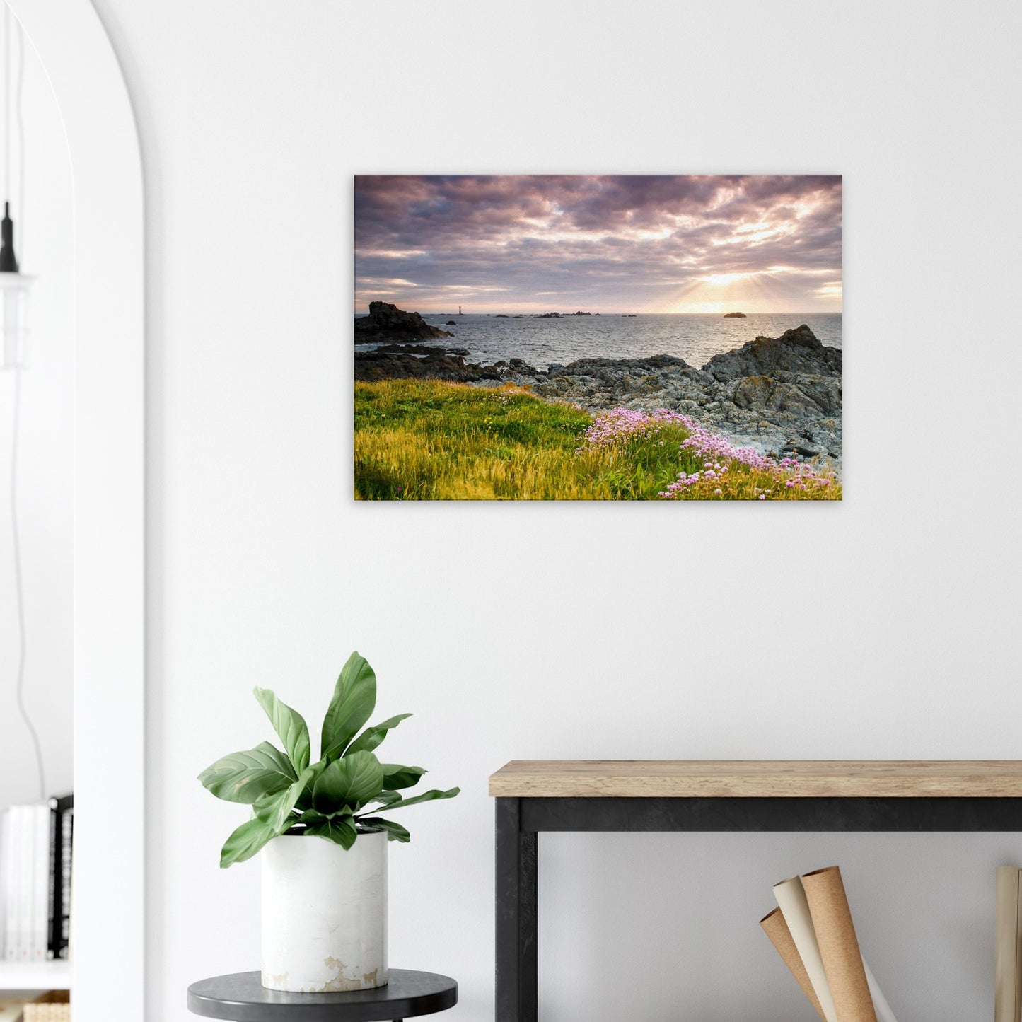 Sun-drenched canvas print from Guernsey with a dramatic sky over Pleinmont Point and the timeless beacon of Les Hanois.