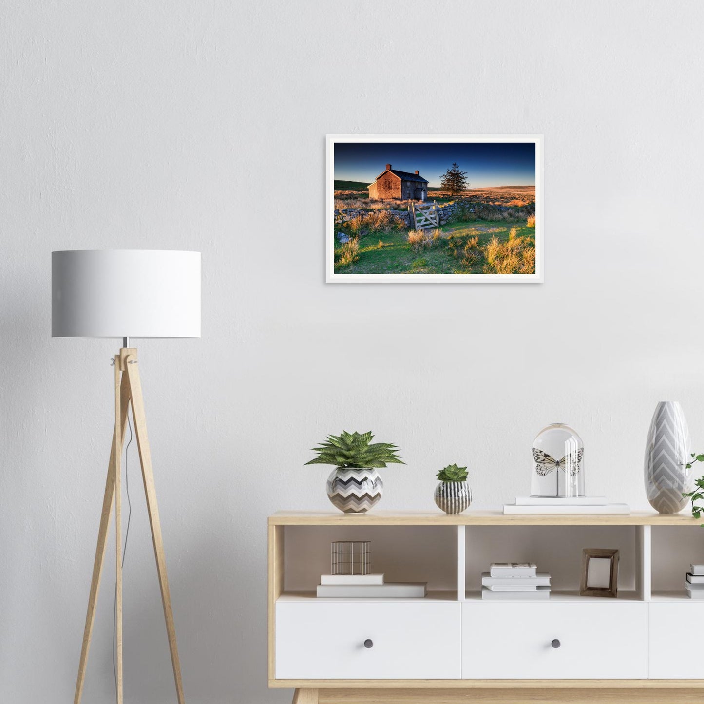 Framed landscape print of Nun’s Cross Farm in Dartmoor at daybreak