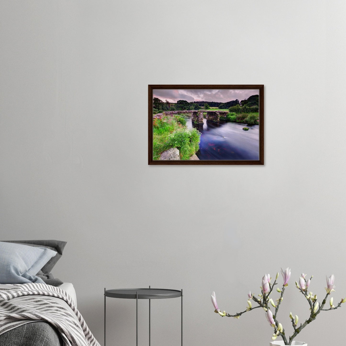 Wildflowers and flowing river in Dartmoor framed canvas