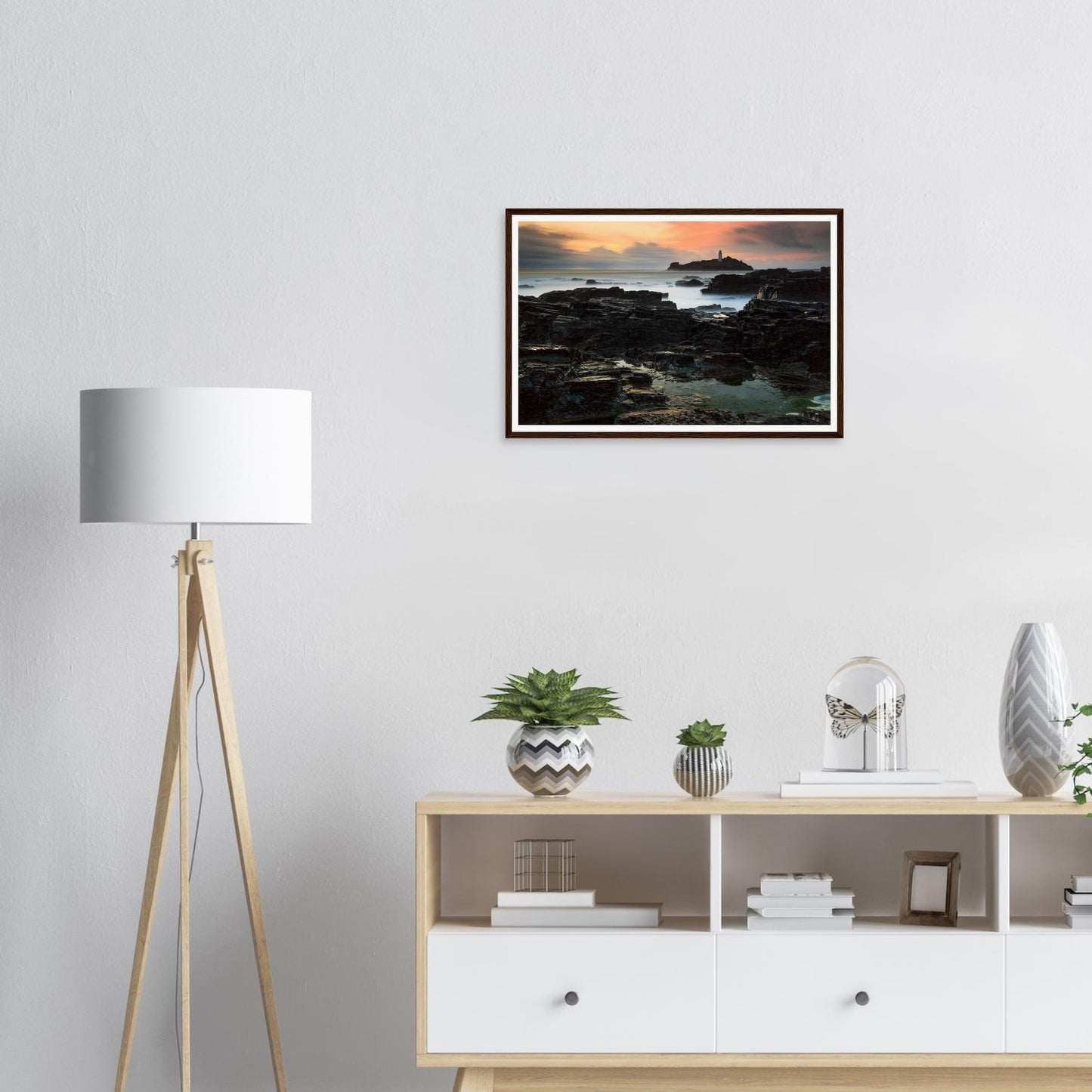 Scenic Cornish coast framed wall art featuring Godrevy Lighthouse