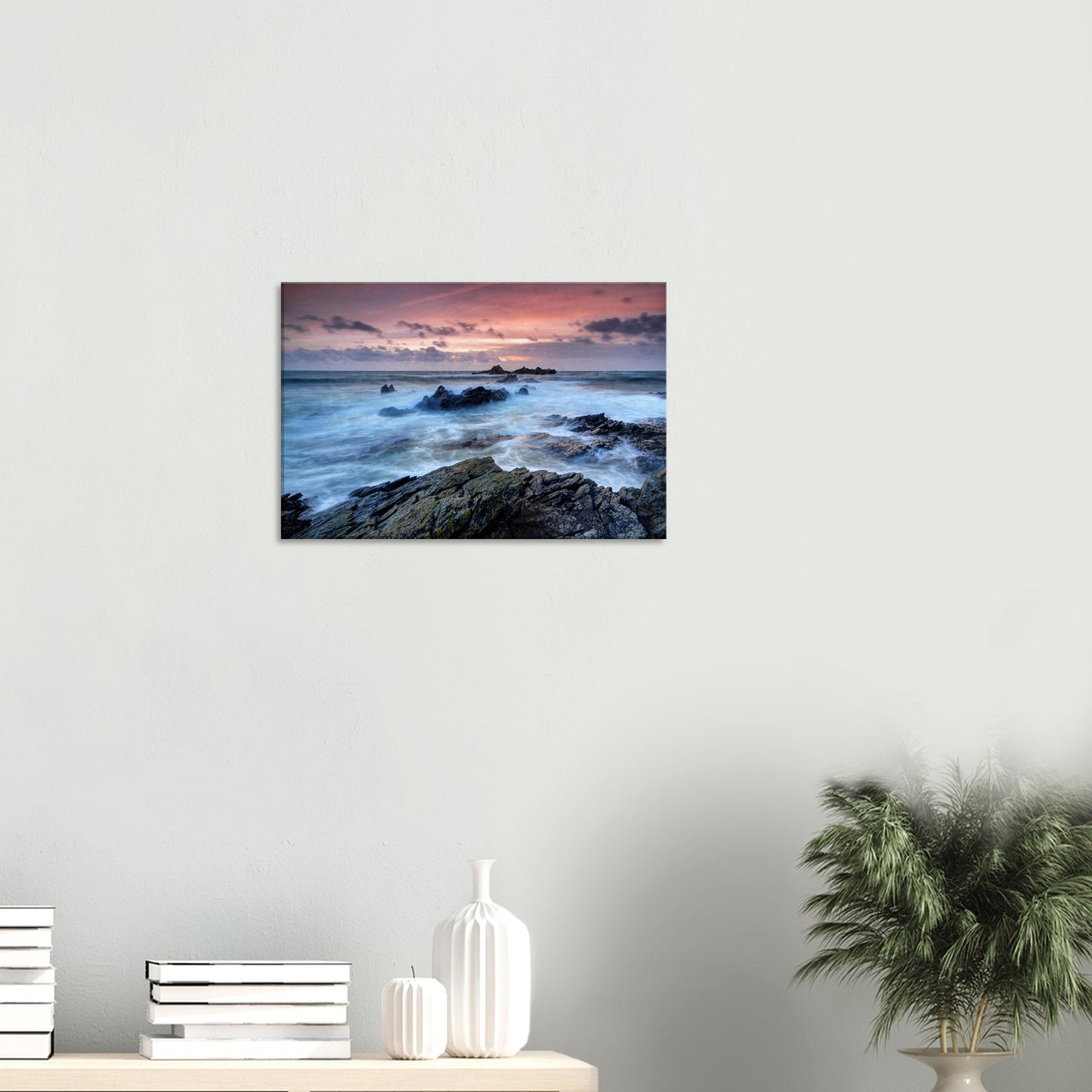Dynamic coastal canvas print of Heybrook Bay featuring swirling sea currents, jagged rocks, and a sky lit with fiery sunset colors.