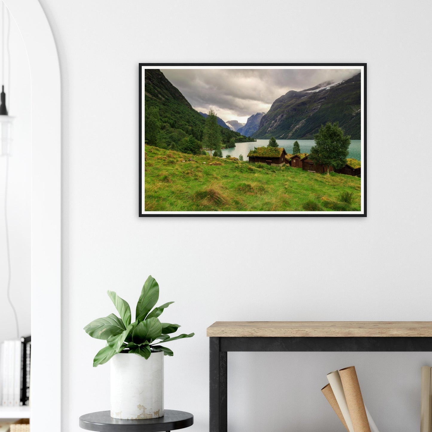 Towering mountain cliffs in Lodalen Valley framed wall art
