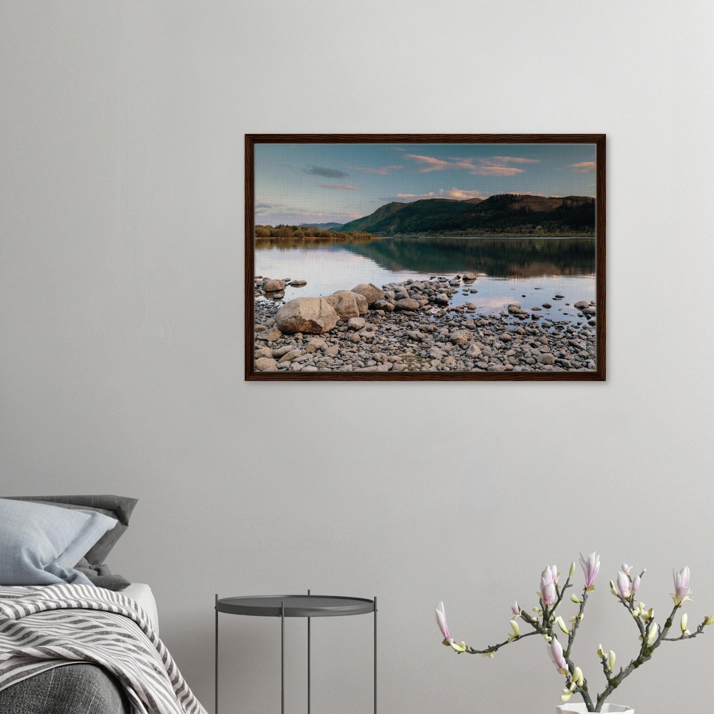 Peaceful Bassenthwaite Lake scene with stones in foreground