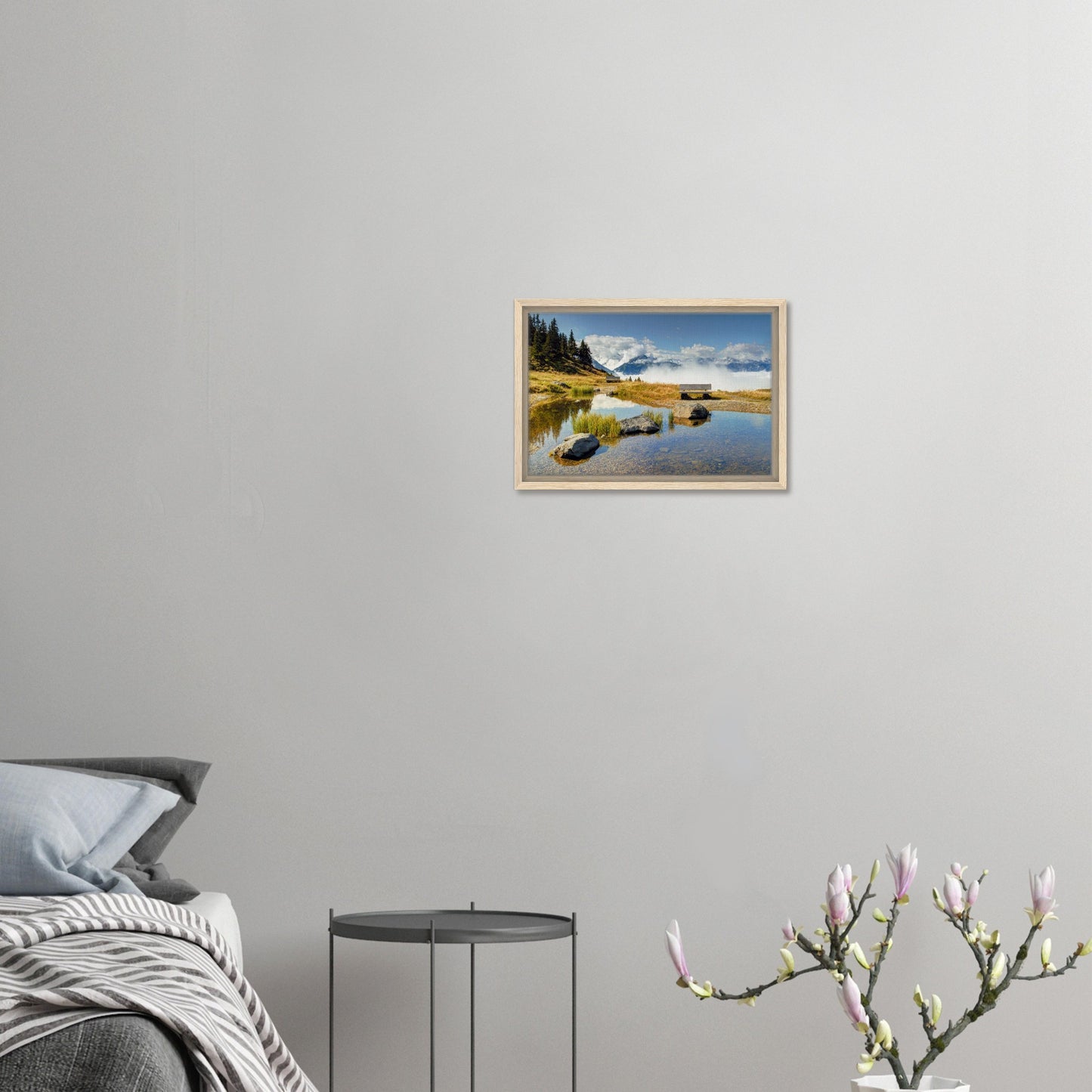 Solitary bench and mirrored water at Resterhöhe framed artwork