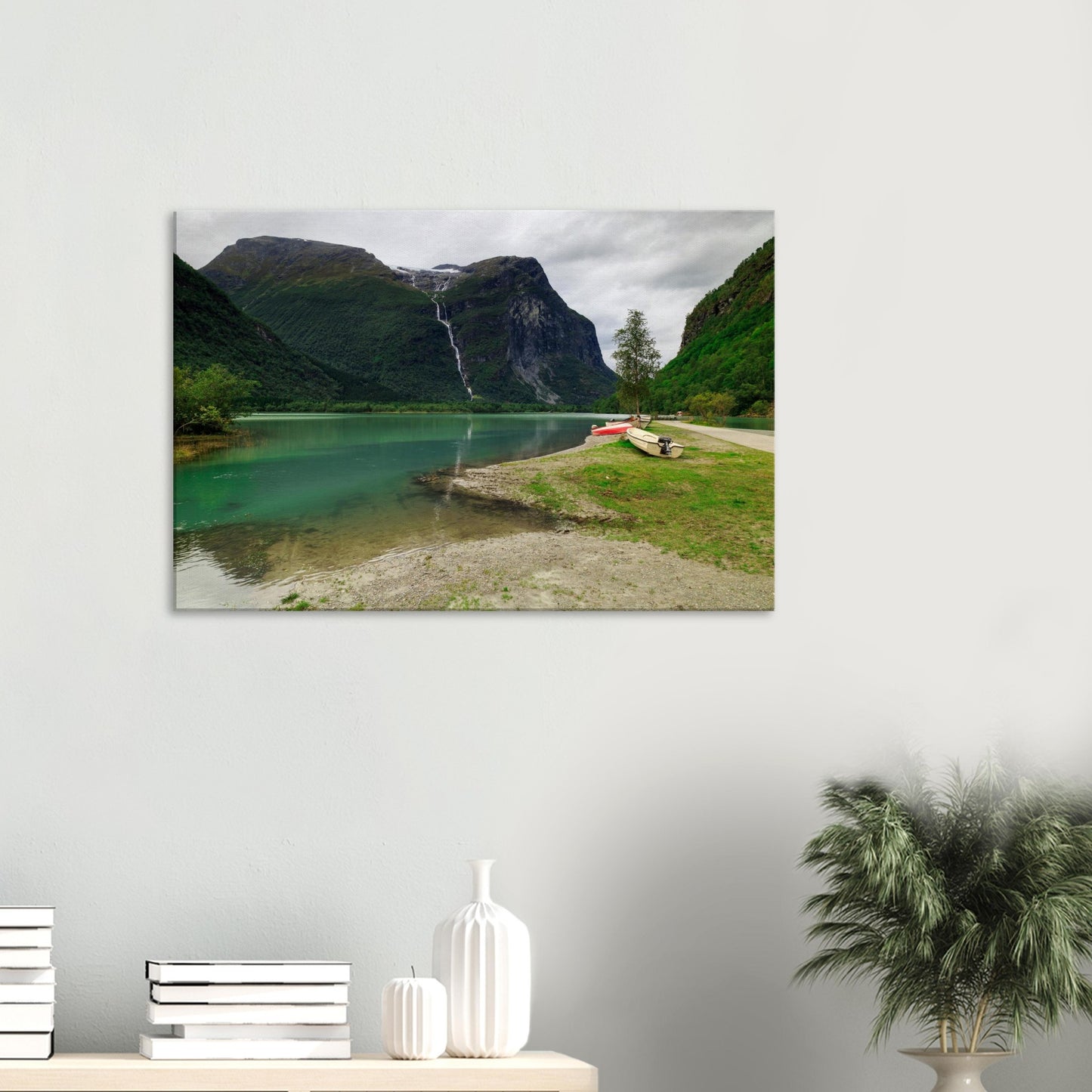Vibrant natural scene of Norway’s countryside with sparkling waterfall waters and boats ready for adventure