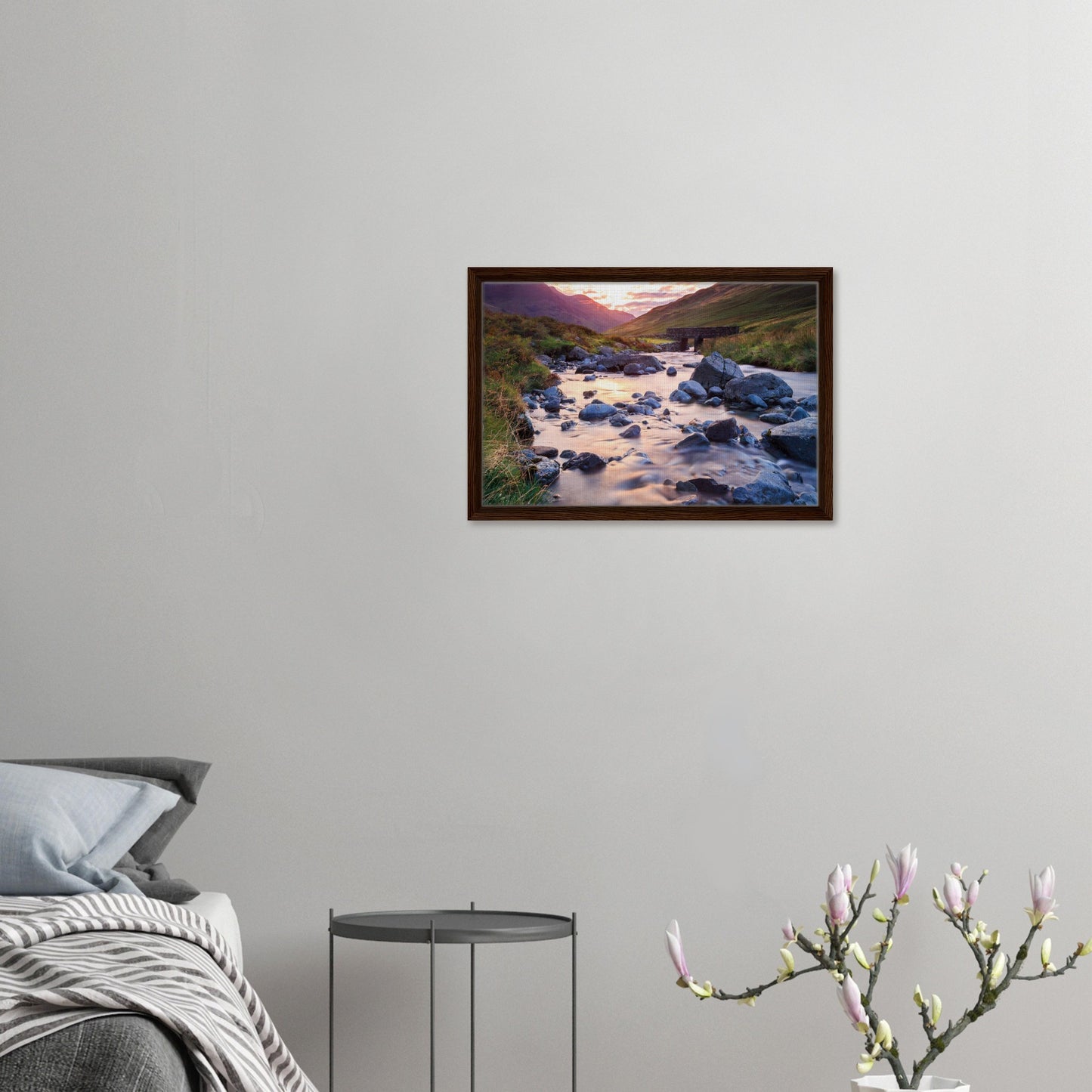 Peaceful Lake District framed canvas with stream and bridge