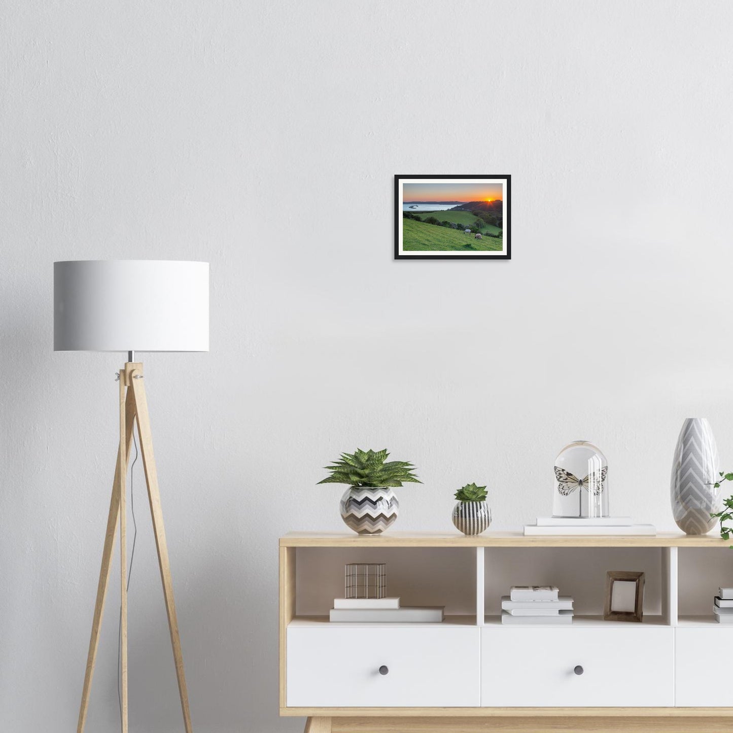 Framed print of Plymouth Sound with grazing sheep and sunset sky