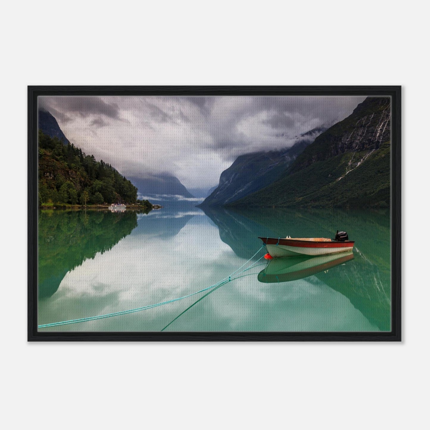 Solitary boat on still emerald waters of Lovatnet in wall art