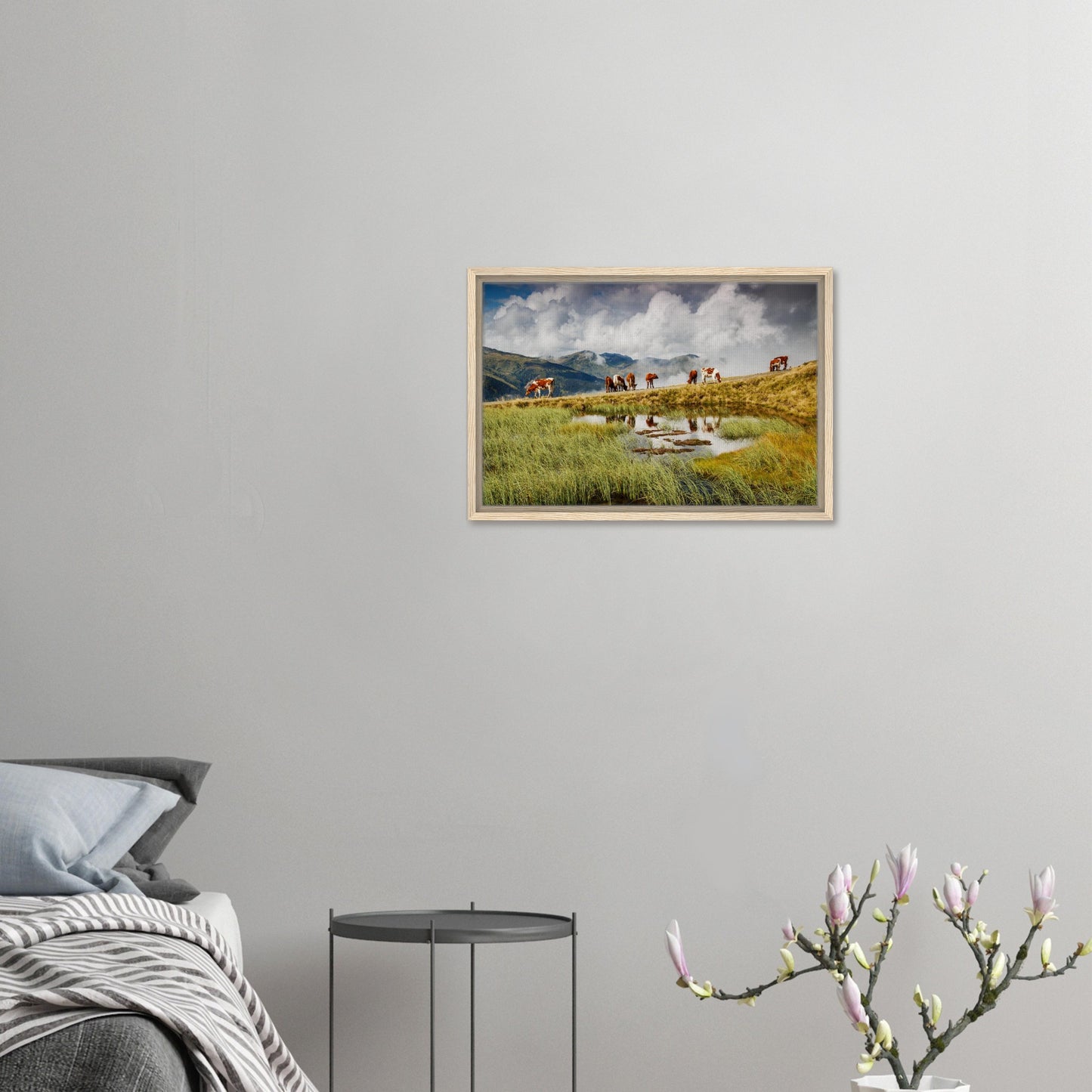 Bucolic Austrian scene of cows, pond, and rolling hills in canvas