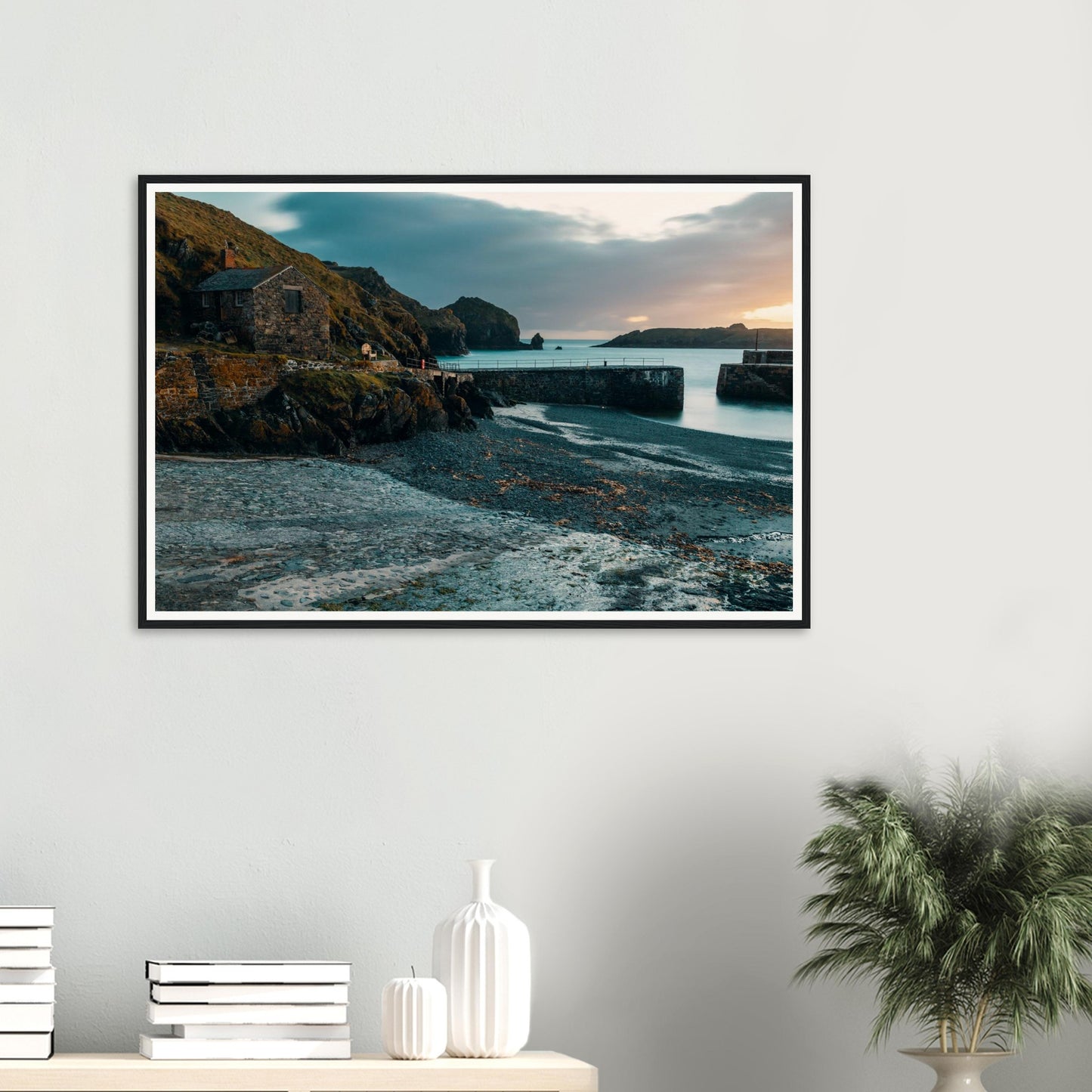 Framed landscape print of Mullion Cove Cornwall harbour view