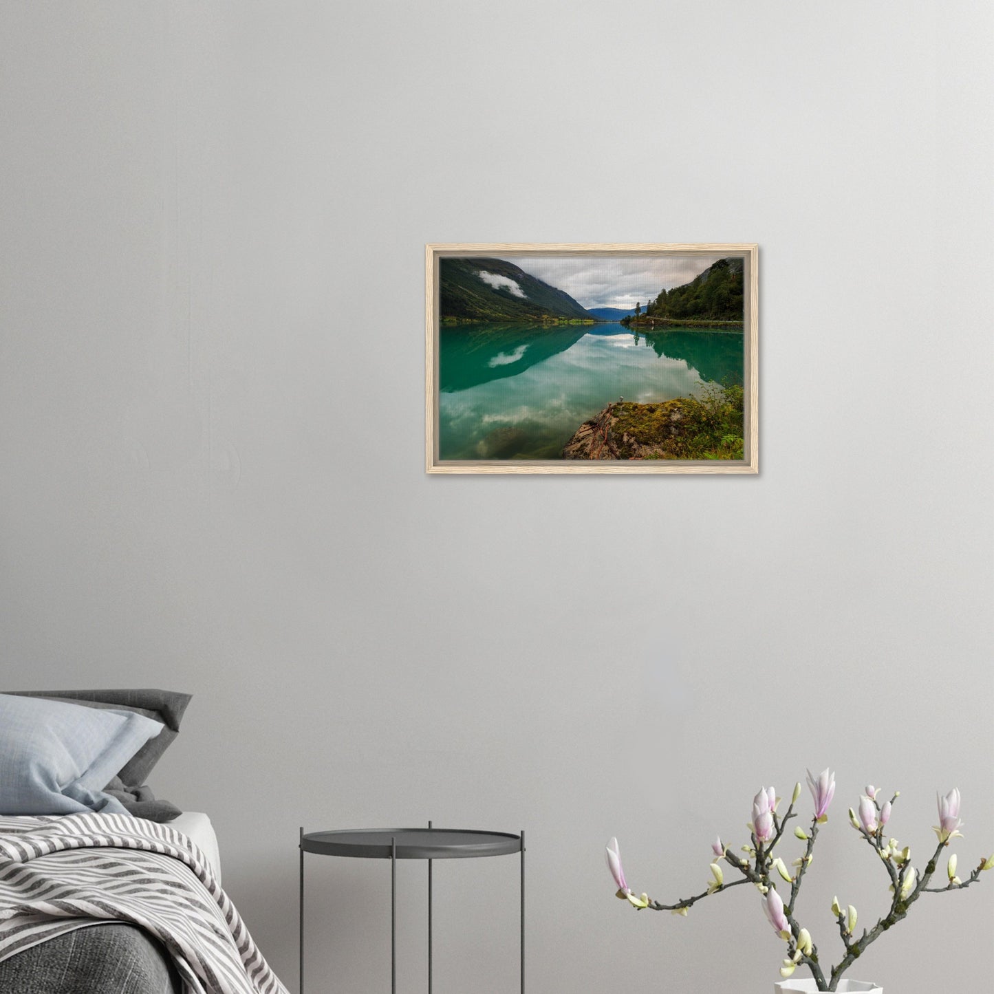 Scenic Norway lake view with mossy rocks in framed canvas