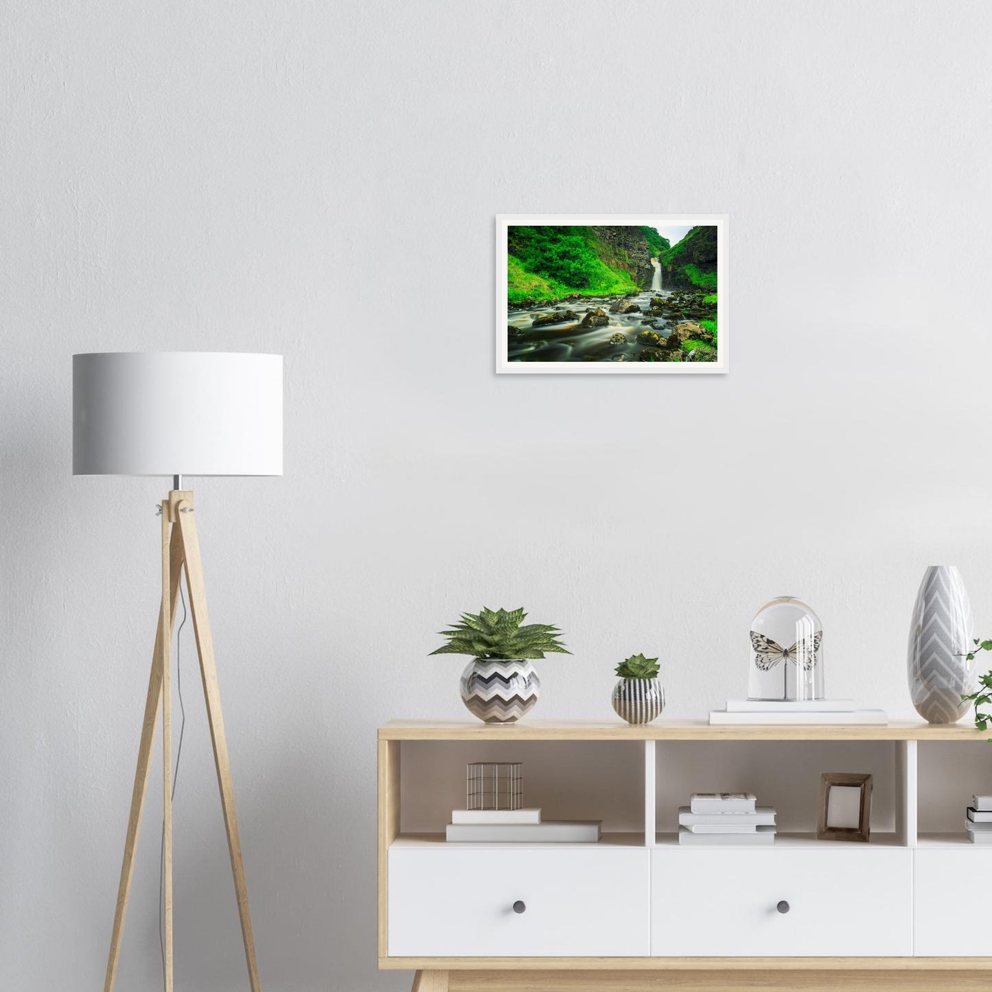 Framed landscape print of Lealt Falls with misty veil effect