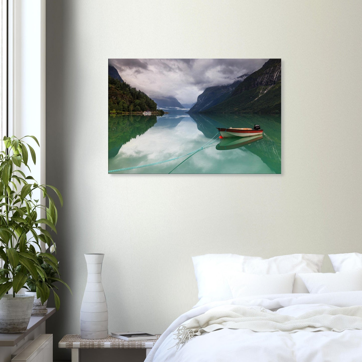 Lovatnet Lake’s still waters and misty mountains captured on canvas.