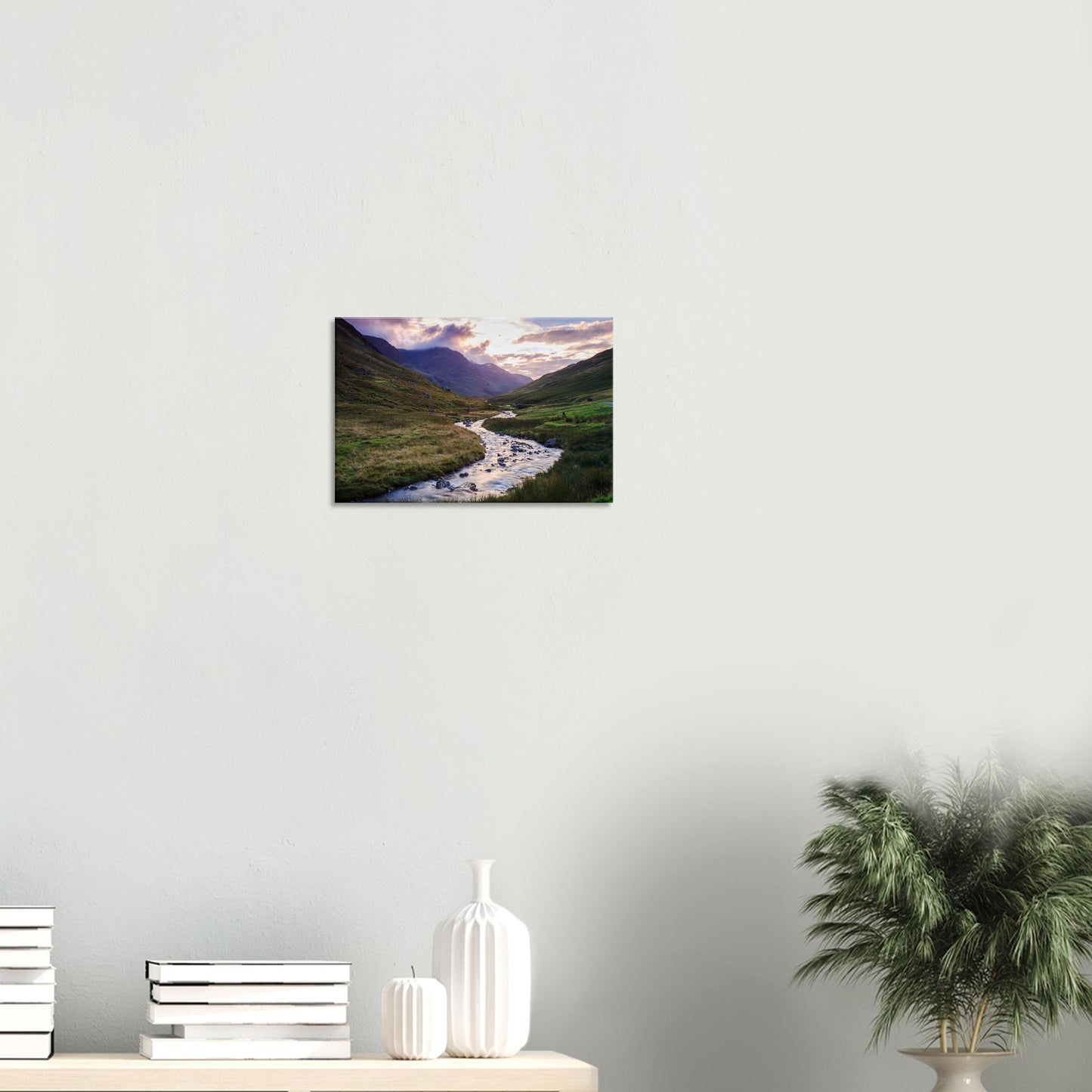 Canvas print depicting the serene landscape of Honister Pass during sunset, with golden hills and a calm flowing stream.
