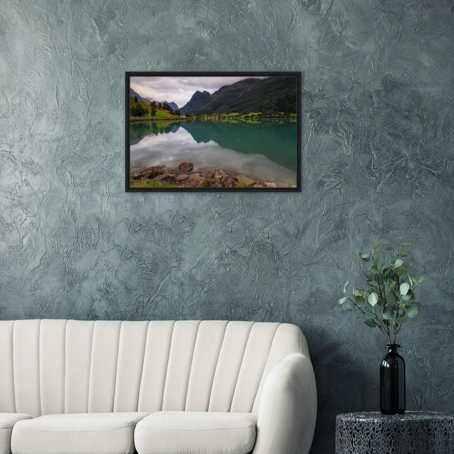 Stone-edged lake shore at Floen in Norwegian landscape print