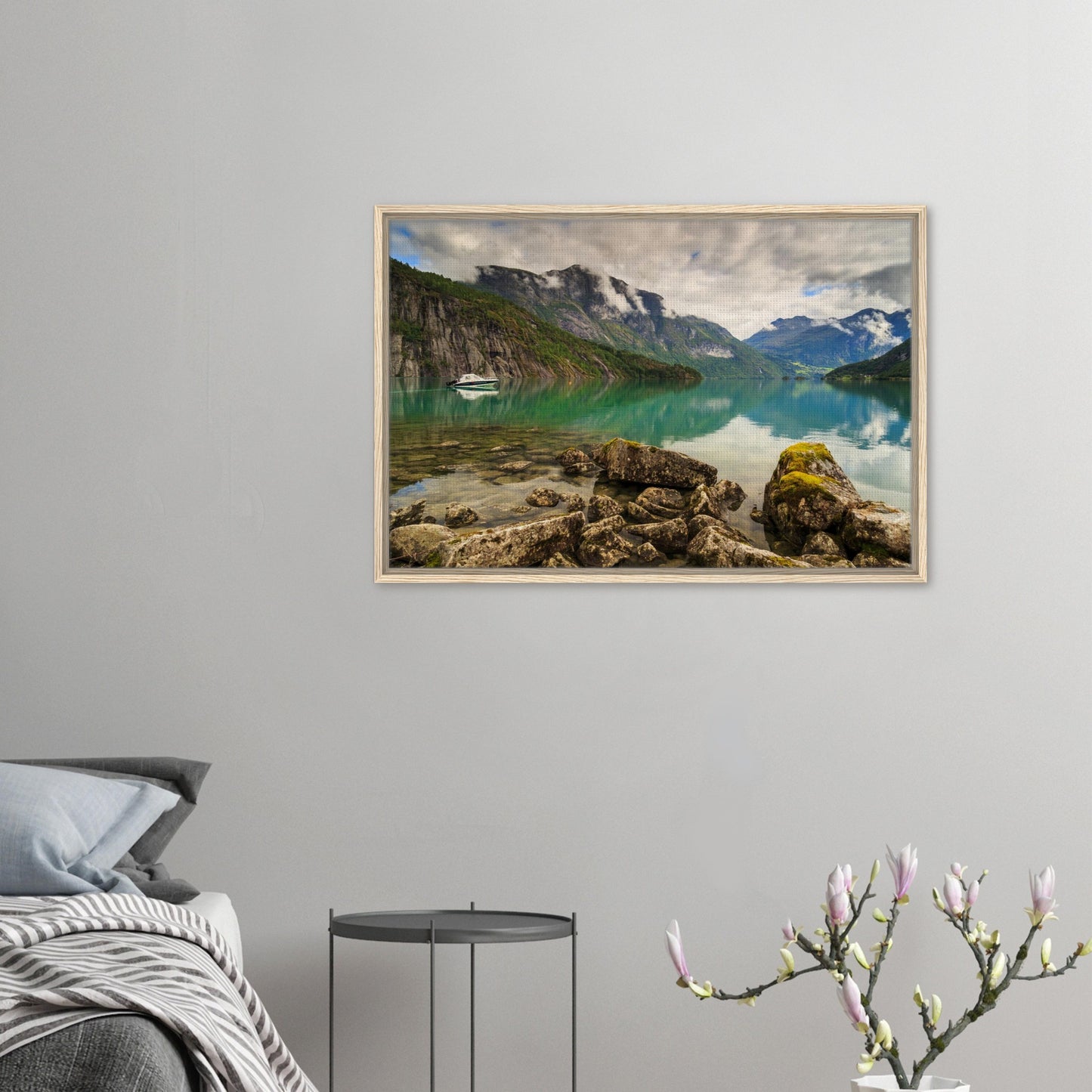 Canvas of serene lake view in Norway with boat and cliffs