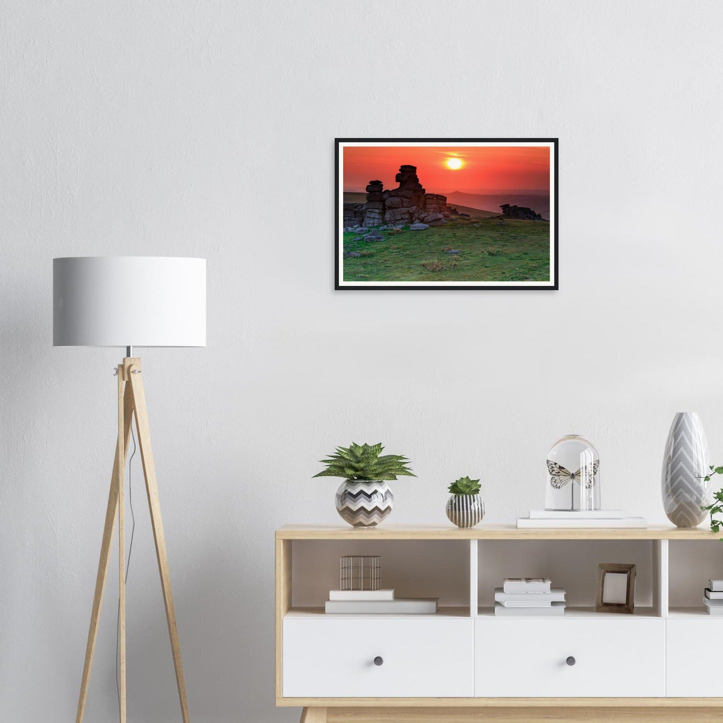 Warm sunset light across Dartmoor moorland framed print