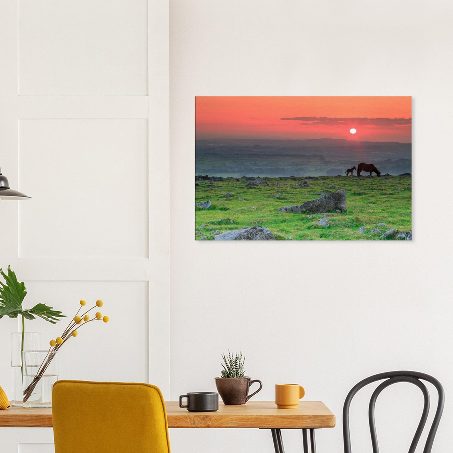 Horse and foal in Dartmoor’s twilight glow, featured in canvas landscape print.