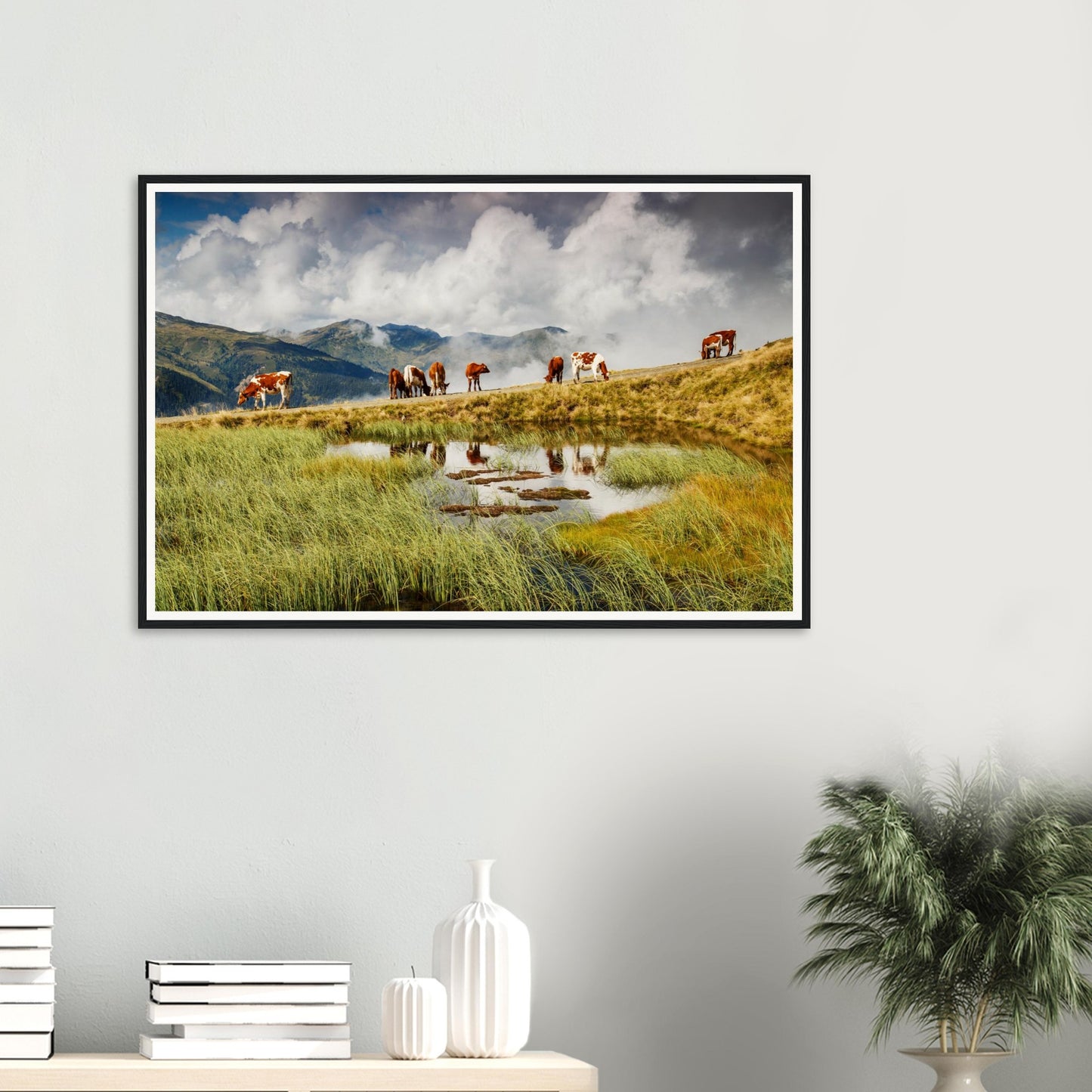 Framed landscape print of Panoramabahn meadow with cows grazing