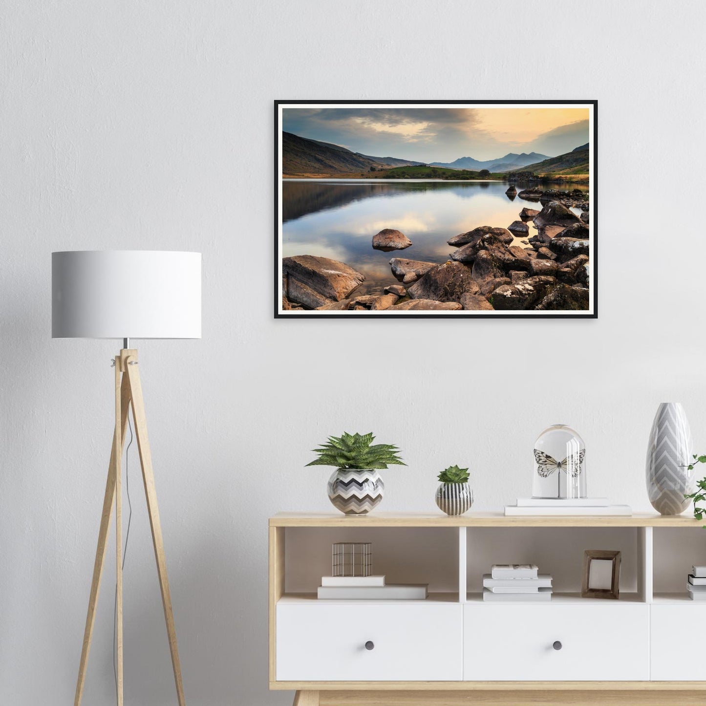 Framed print of Llynnau Mymbyr lake at dusk in Snowdonia