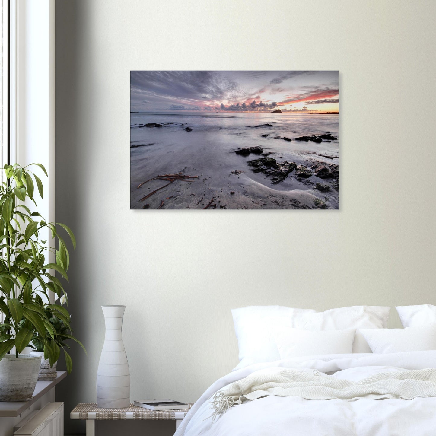 Atmospheric landscape canvas of Wembury Beach at dusk, highlighting the golden hour glow, driftwood, and Mewstone island in the distance.