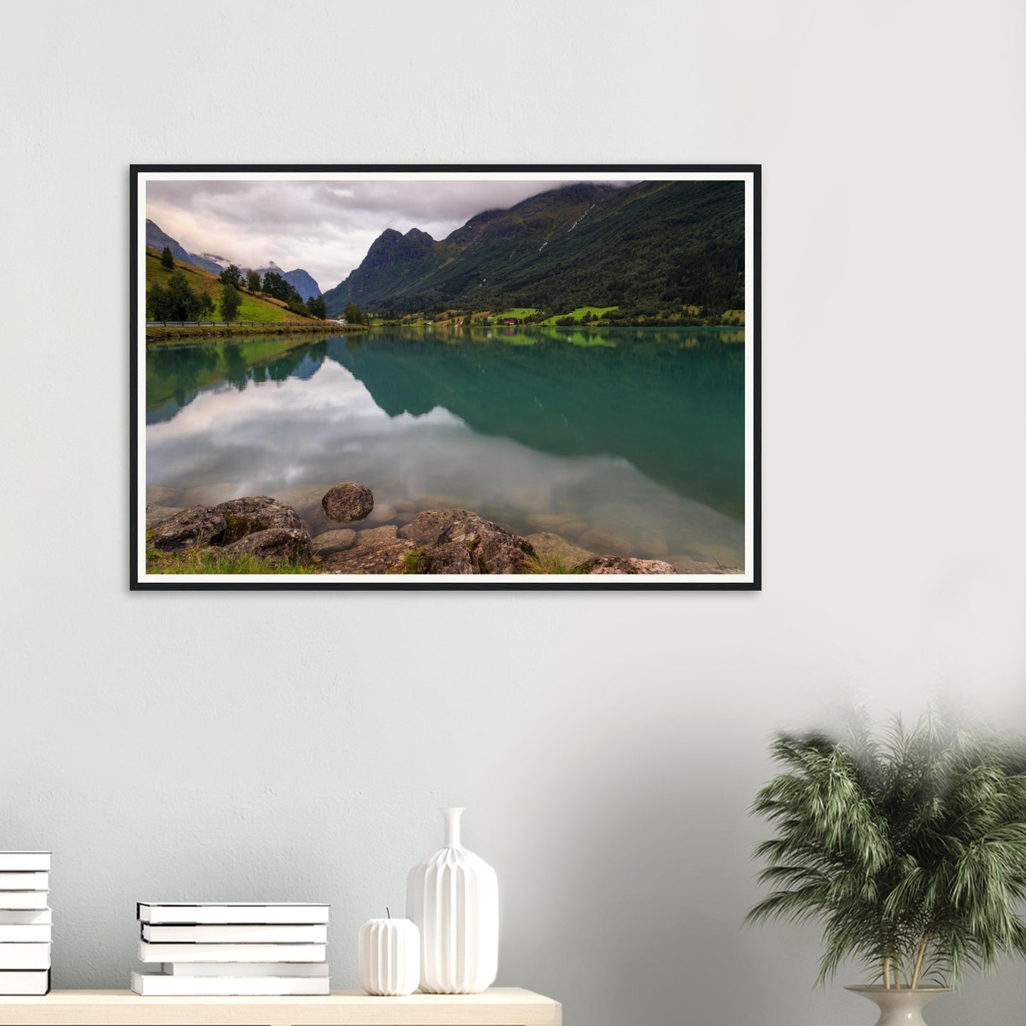 Atmospheric framed wall art of Norwegian Lake Floen serenity