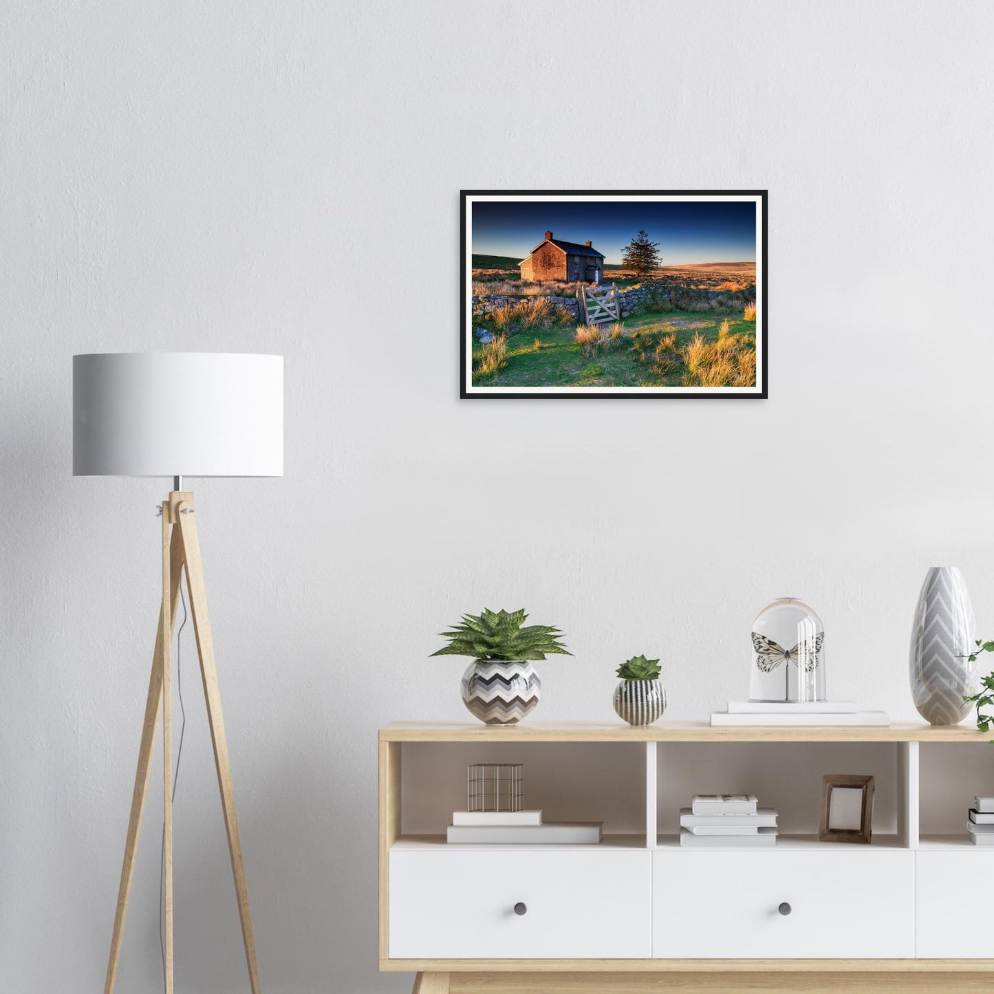 Atmospheric framed print of Dartmoor’s Nun’s Cross Farm at dawn