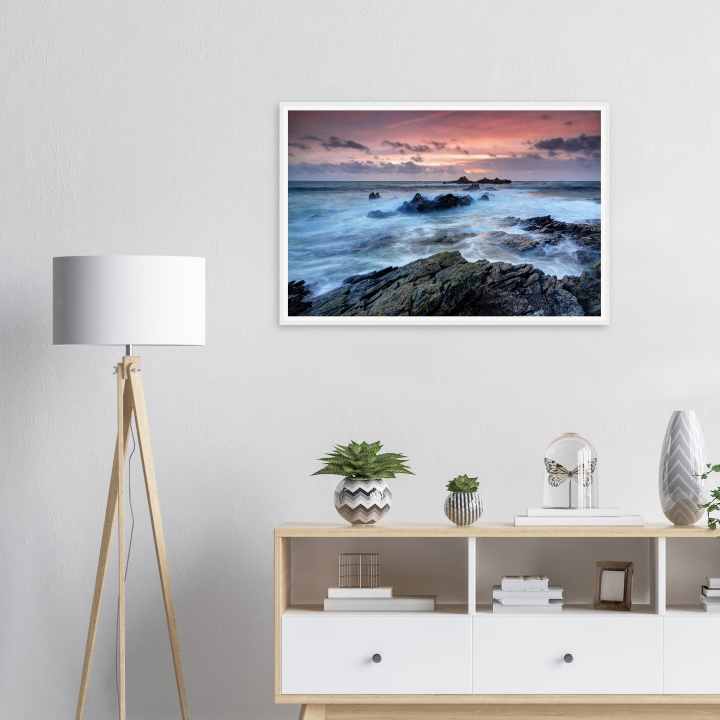 Coastal wall art of Heybrook Bay sunset waves and rocks