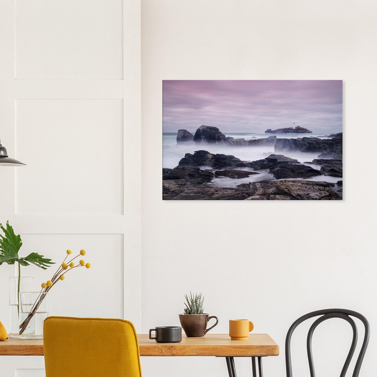 Misty seascape canvas featuring the enduring silhouette of Godrevy Lighthouse under a sky of warm and cool tones.