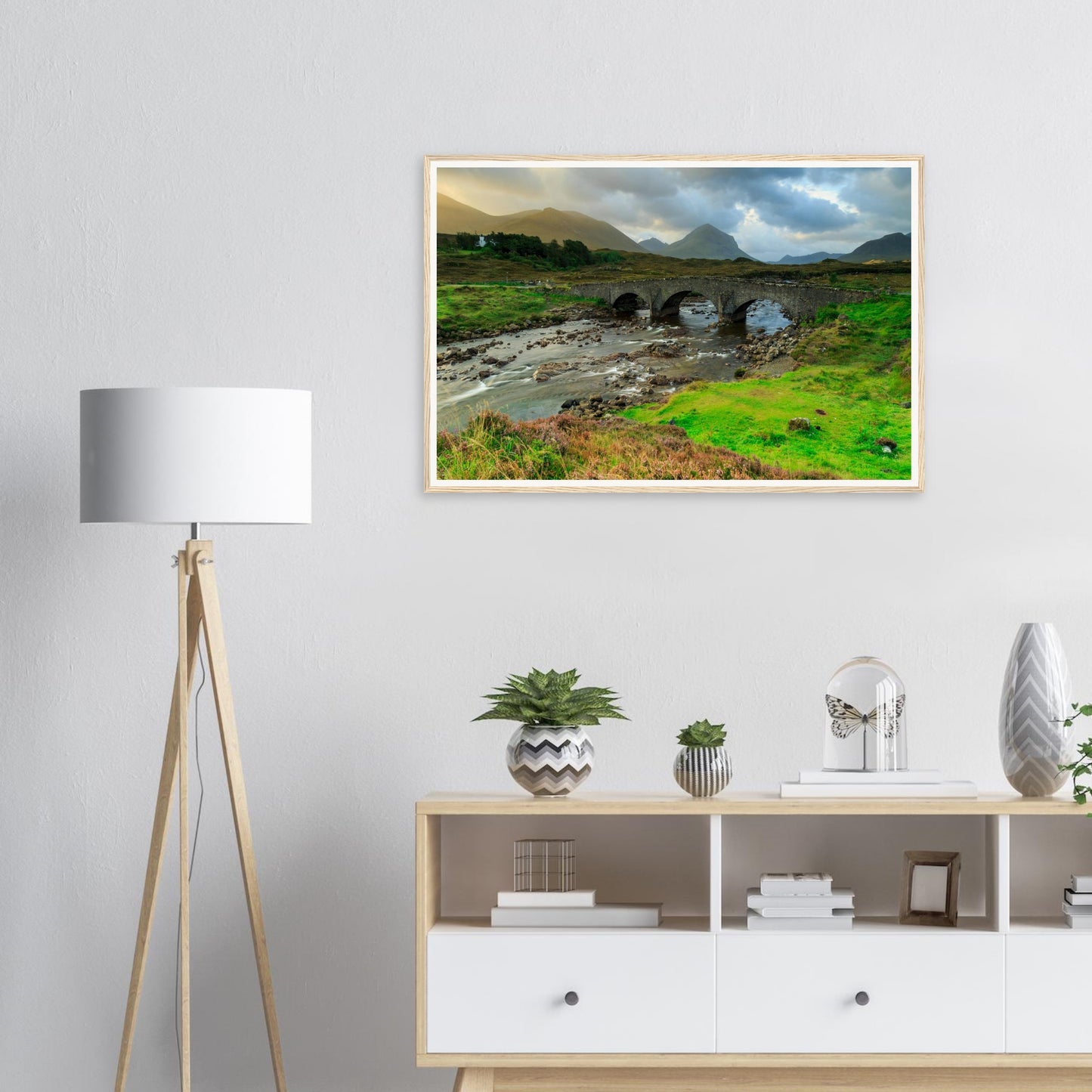 River flowing under stone arches of Sligachan Old Bridge framed art