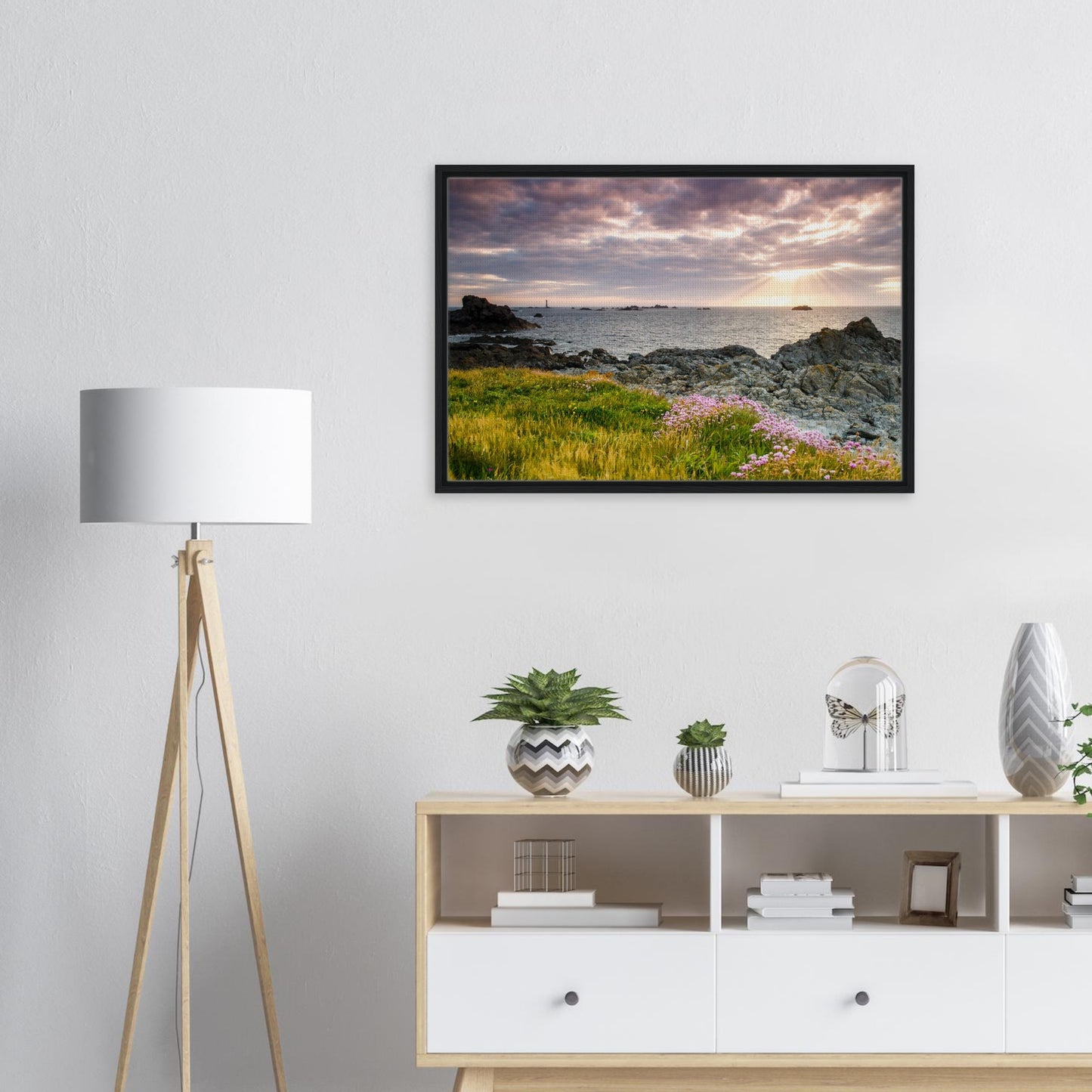 Sunset view of Pleinmont Point and Les Hanois in canvas frame