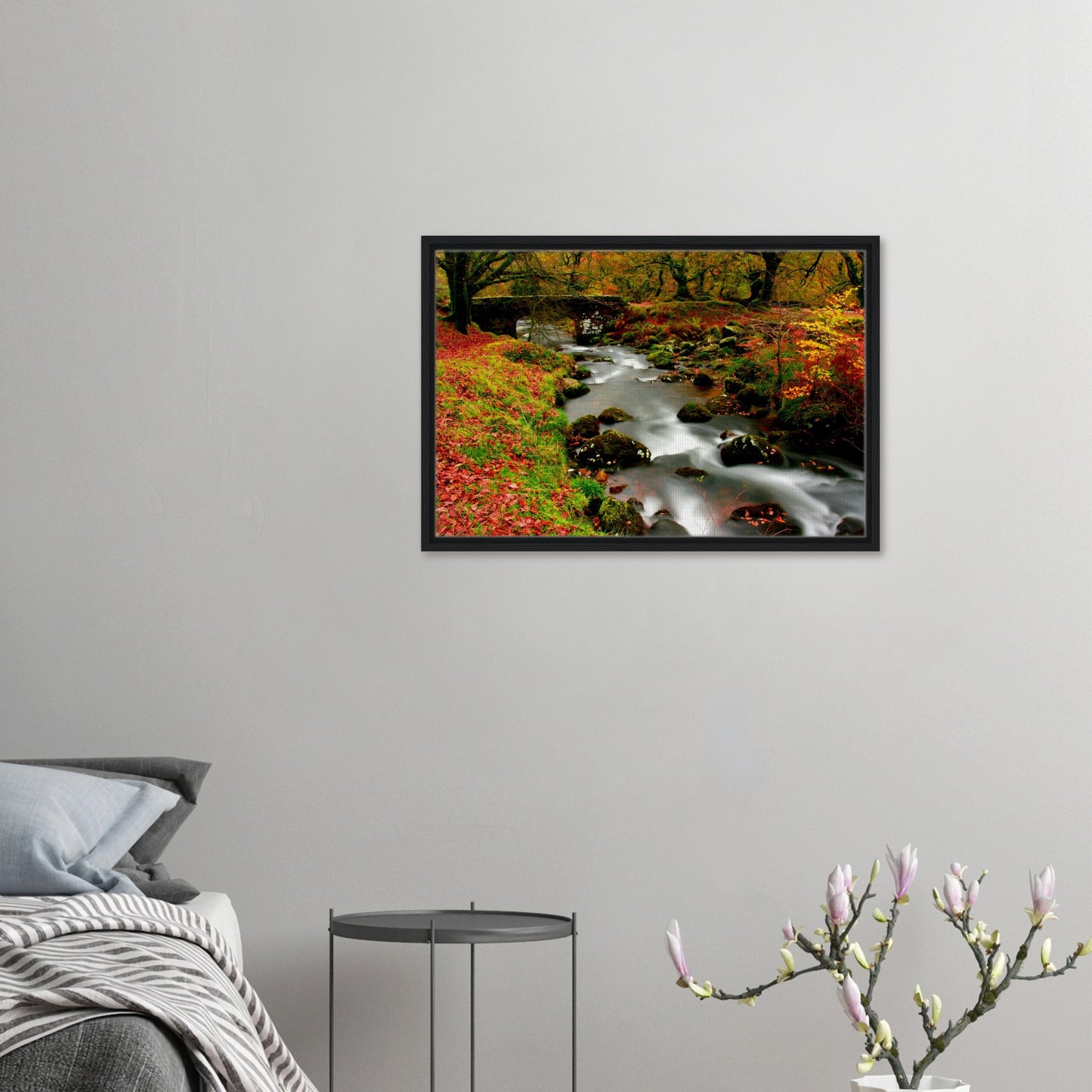 Autumn forest reflections in Burrator Reservoir framed canvas art