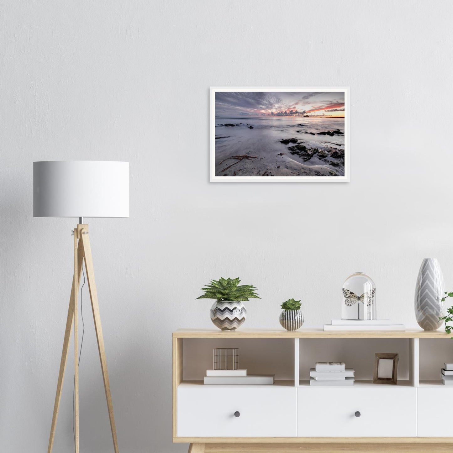 Wembury Beach seascape framed print with the Mewstone silhouette