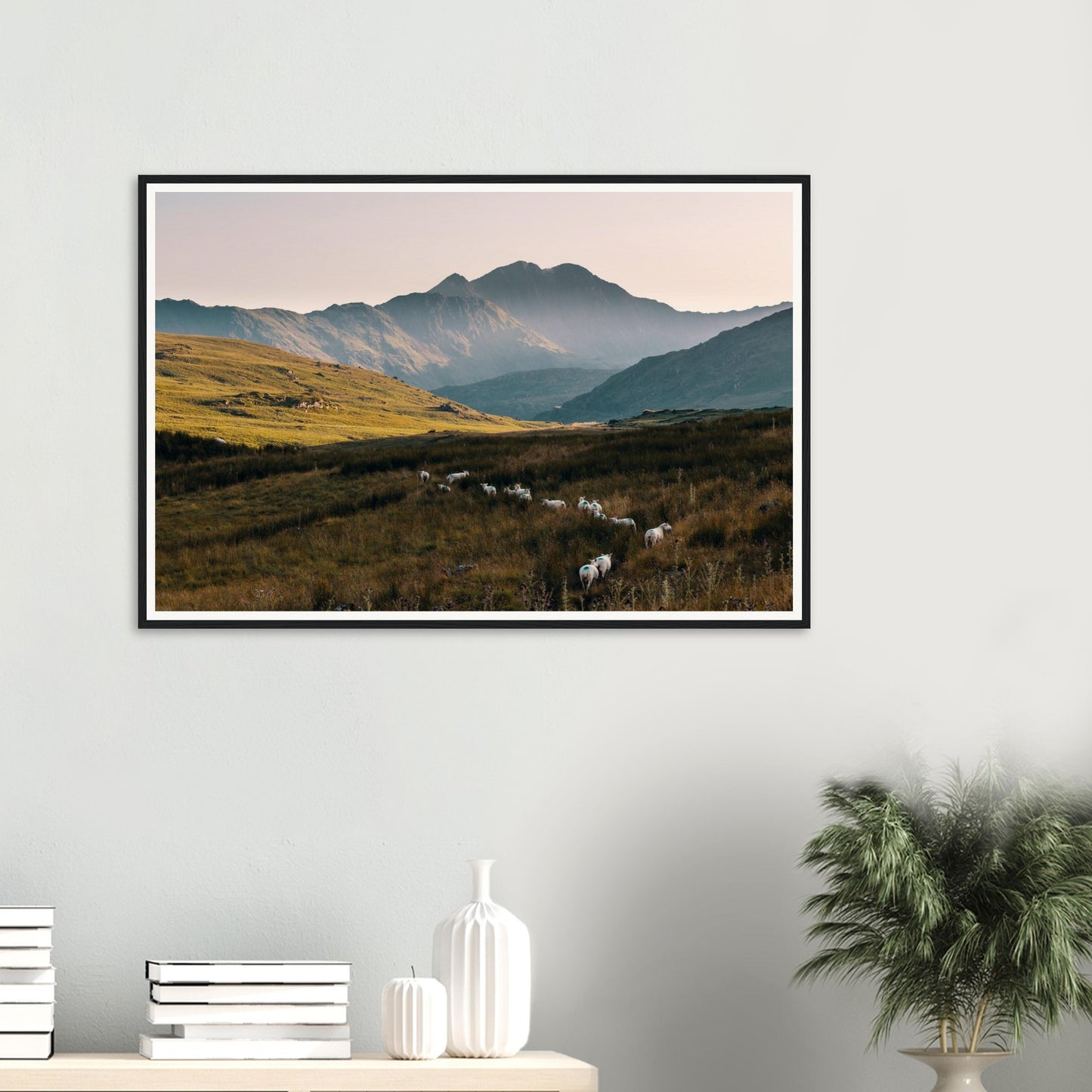 Sunset framed landscape print of Snowdonia Wales mountains