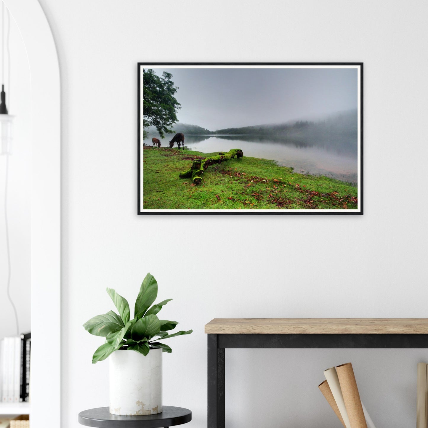 Atmospheric framed print of Burrator Reservoir on a foggy morning
