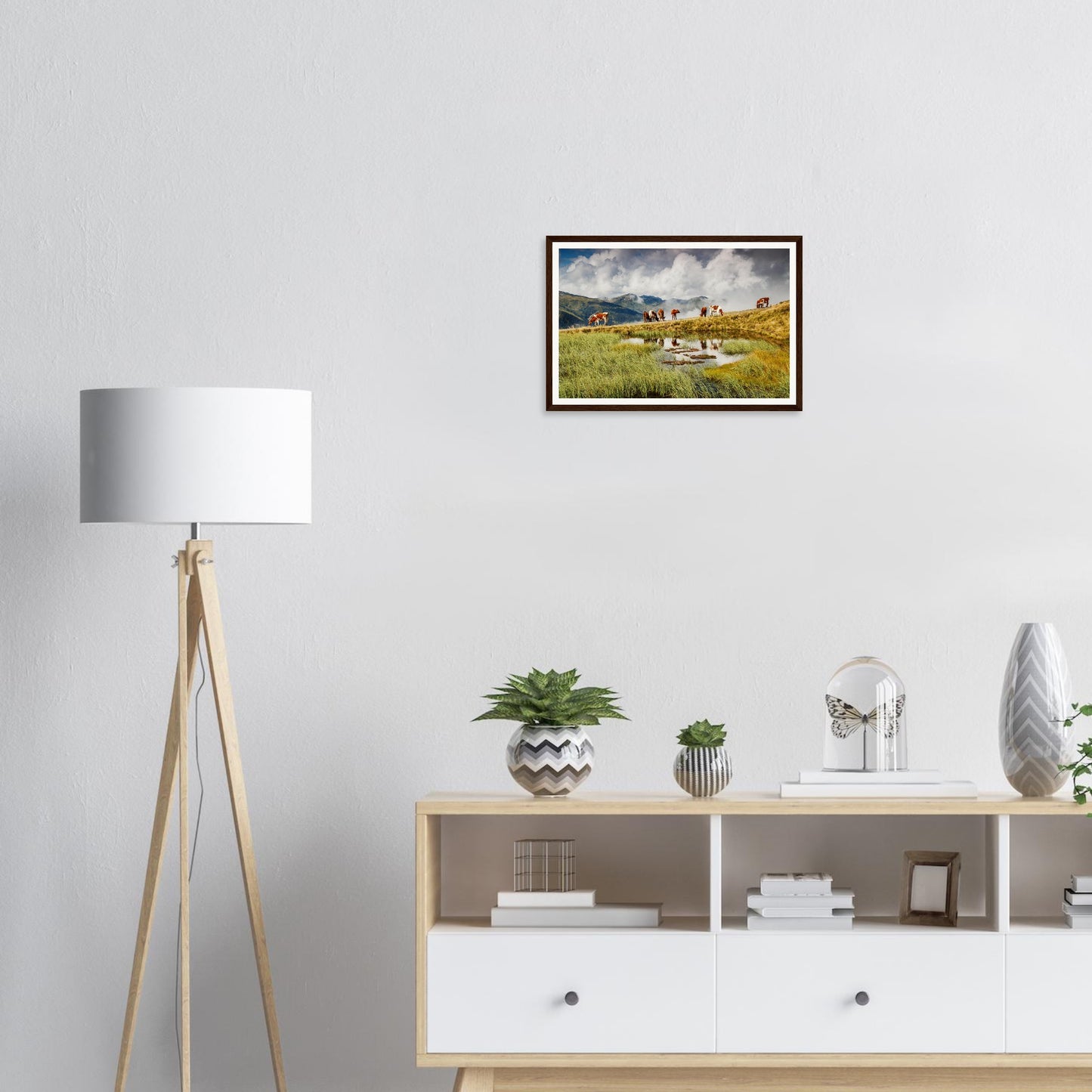 Austrian Alps framed print of cows in meadow with mountain backdrop