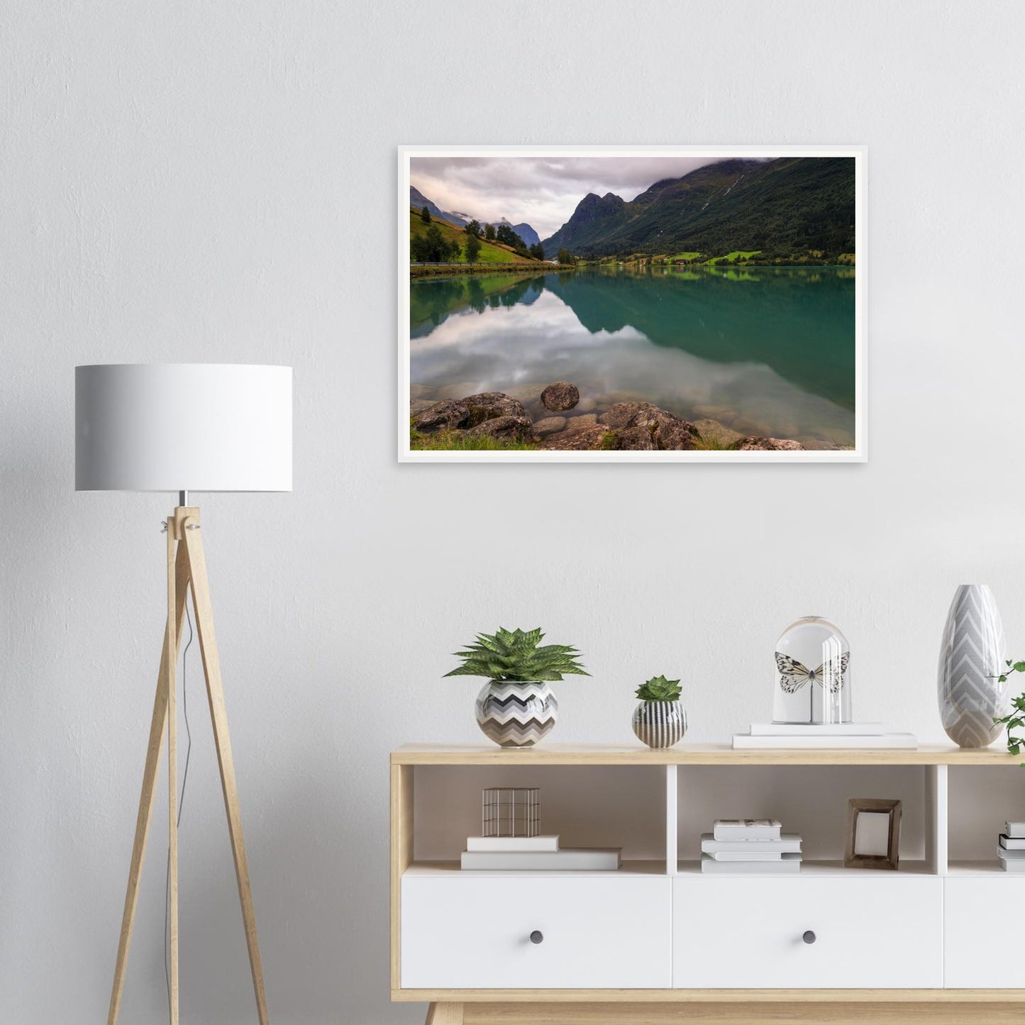 Scenic Norwegian lake framed print of Floen with pebbled edge