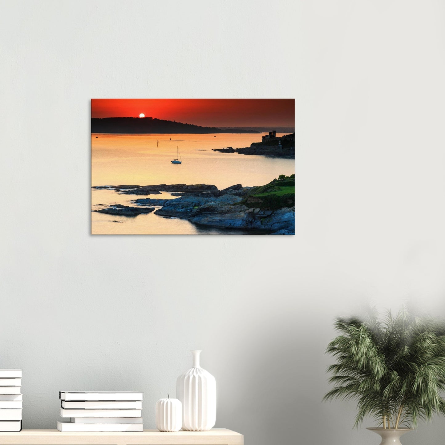 Canvas scene of Plymouth Sound with warm sunset glow and tranquil reflections.