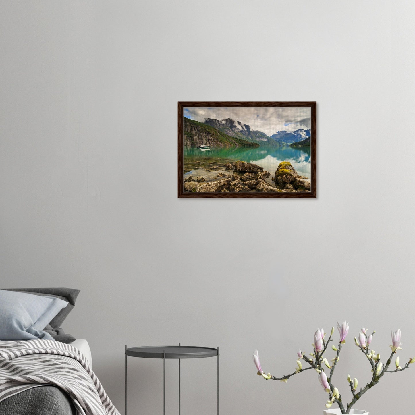 Strynevatnet landscape with reflective water and misty hills