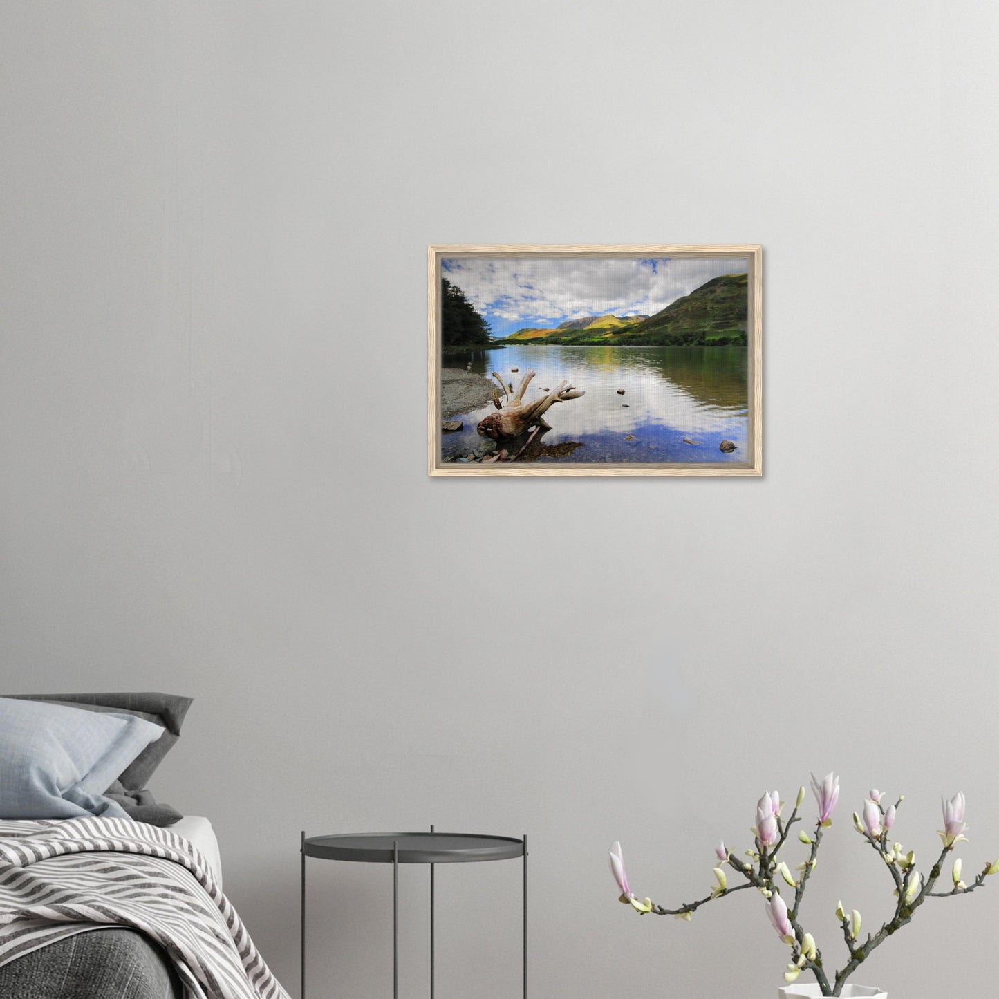 Buttermere Lake framed artwork with weathered driftwood detail