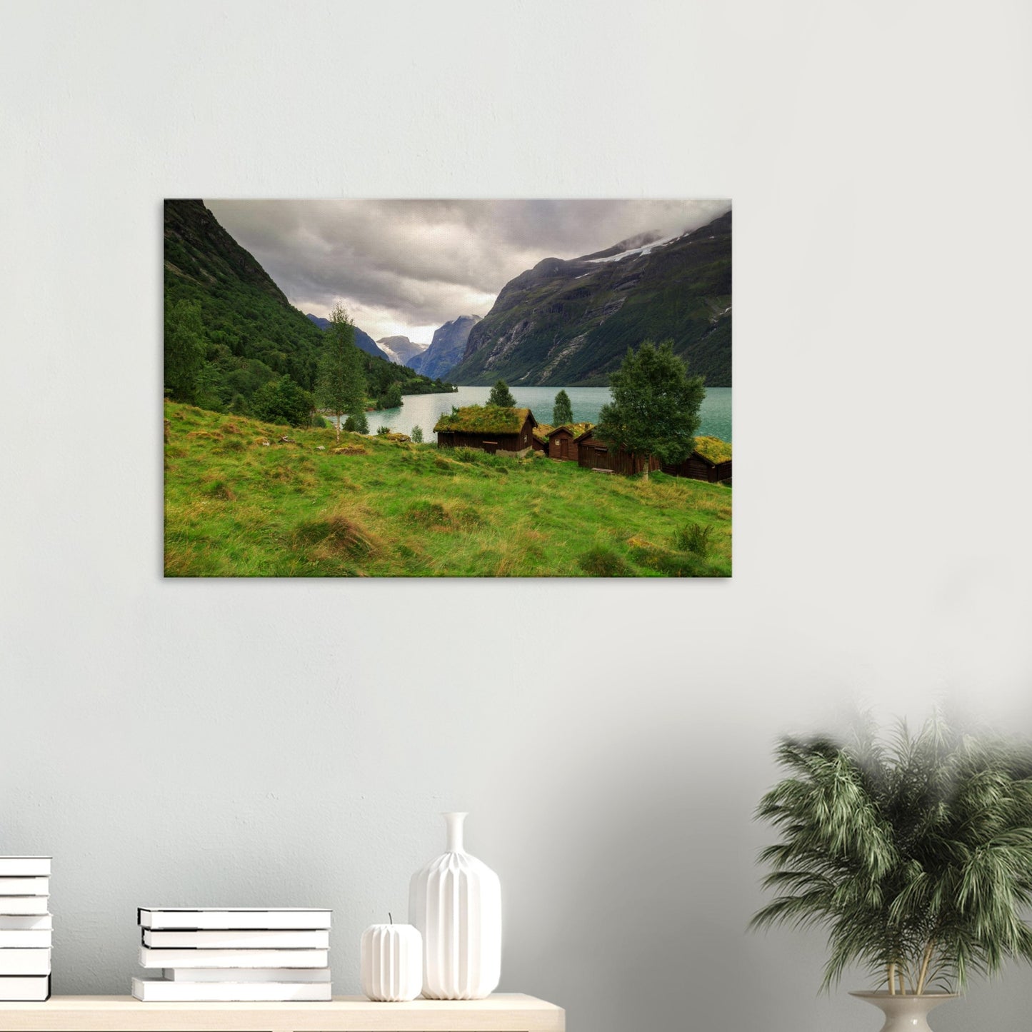 Beautiful nature scene on canvas showing Lodalen Valley’s pastoral beauty, with clear blue waters and green hills under towering cliffs.