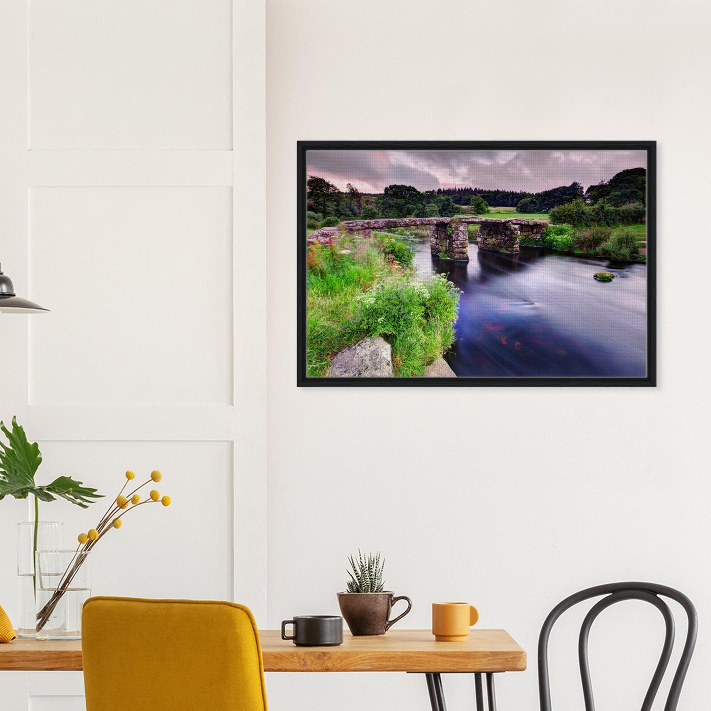 Tranquil Dartmoor stream and clapper bridge in landscape art