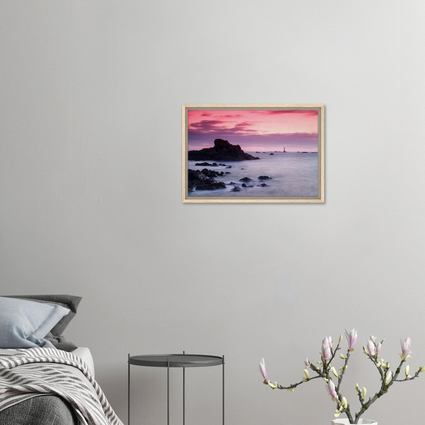 Les Hanois Lighthouse in dramatic sunset scene on canvas