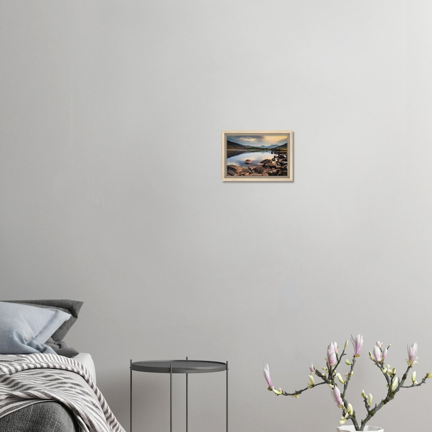 Welsh mountain silhouette and still lake in framed canvas