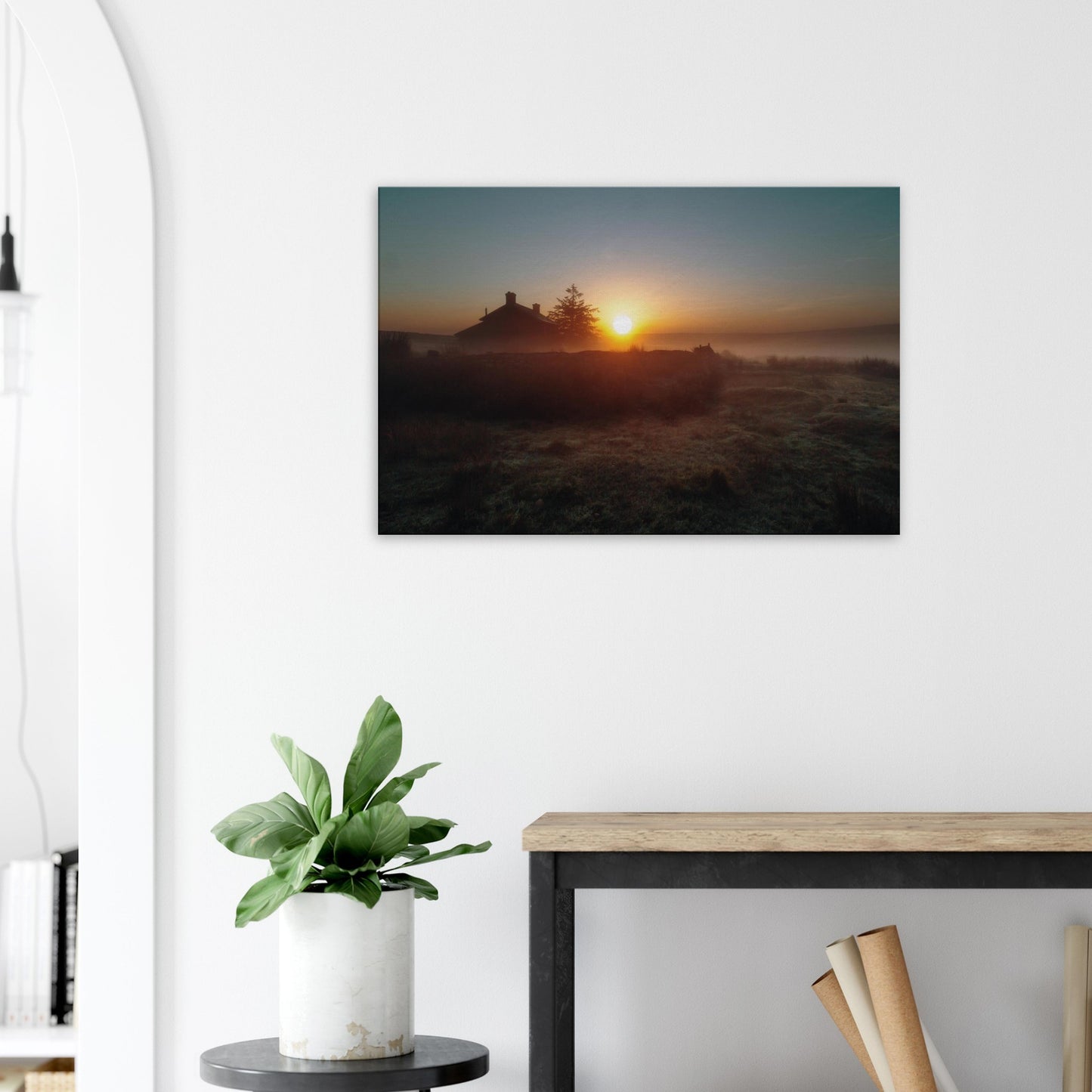 Serene countryside sunrise featuring Nun’s Cross Farm and soft fog